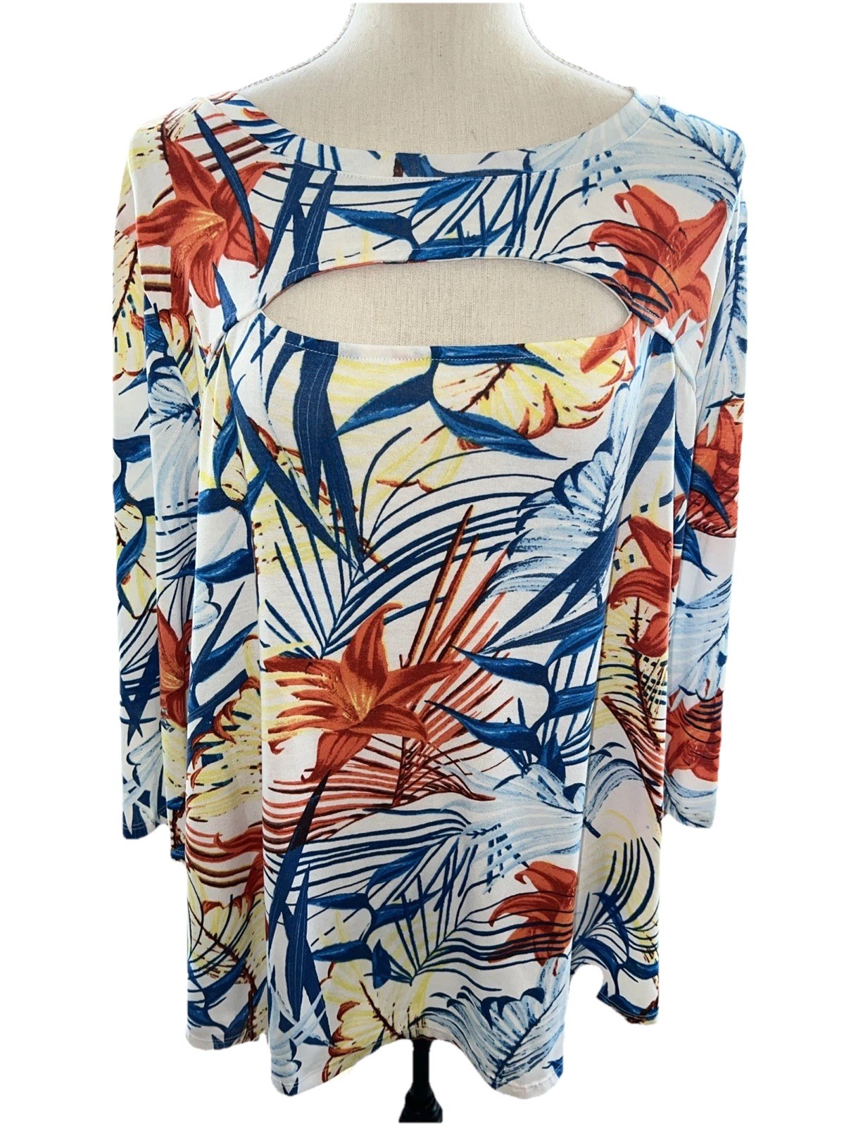 Palm Grove 1X Multi Color Tropical Print Pullover Top 3/4 Slvs 95% Rayon