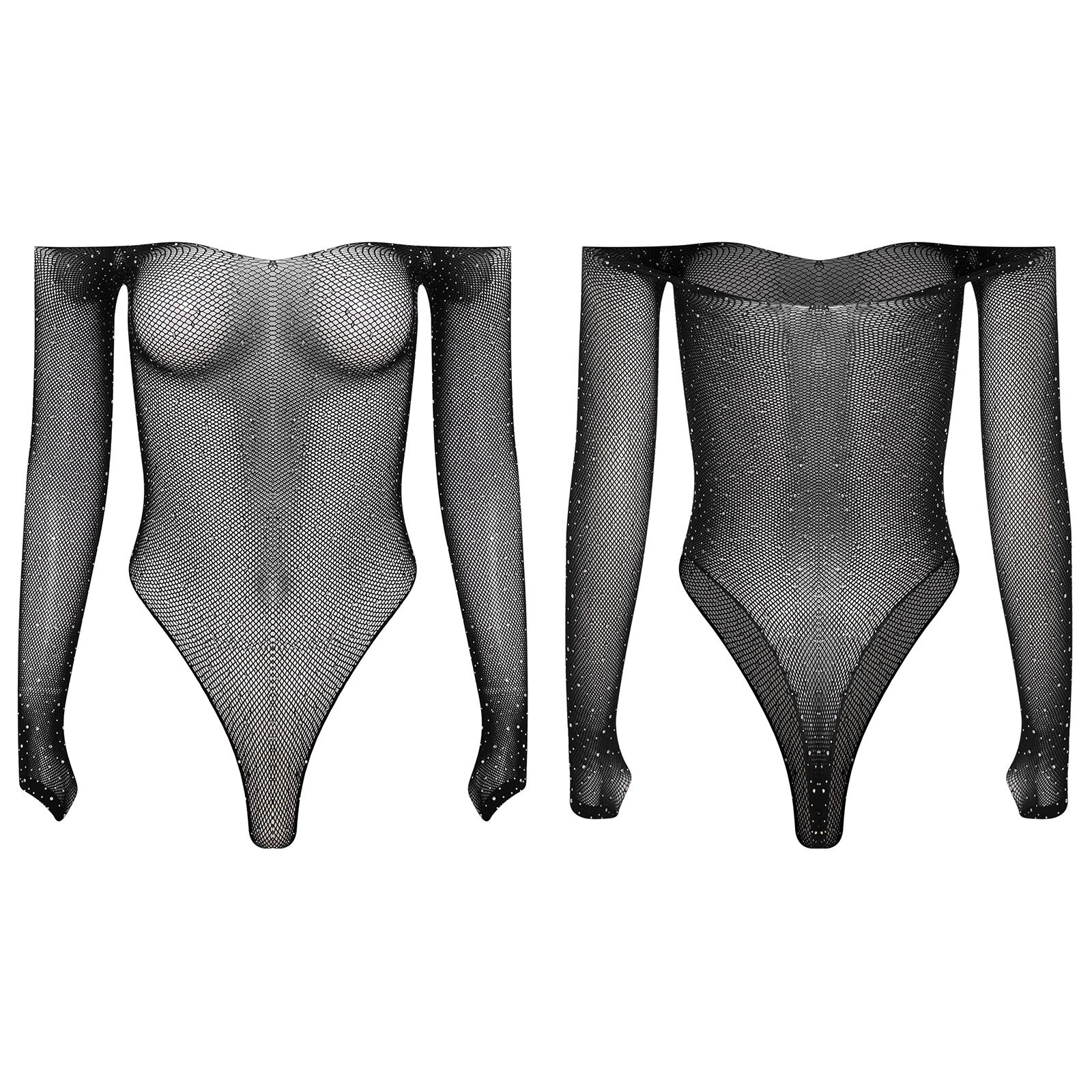 US Womens Shiny Rhinestone Fishnet Bodysuit Off Shoulder Jumpsuit Mesh Swimwear