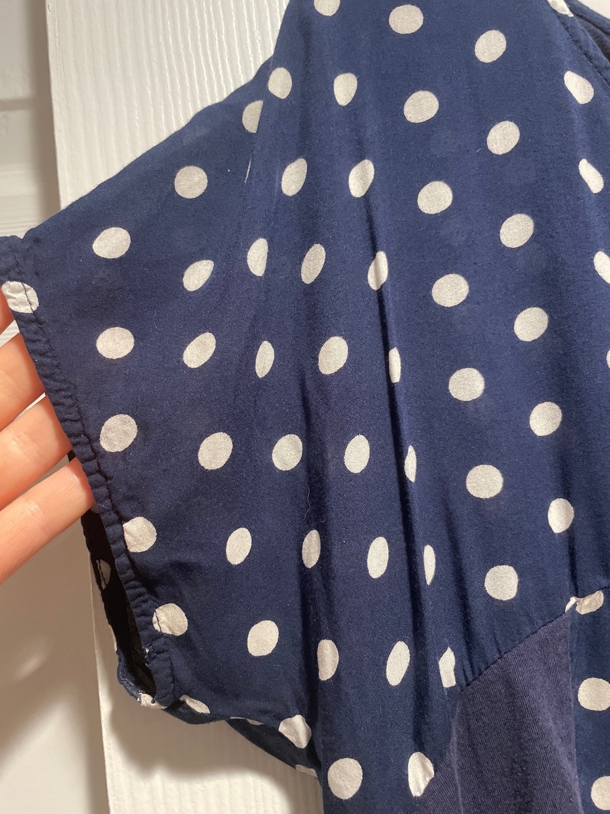 Porridge Navy Blue Polka Dot High Low Gathered Blouse Women’s Large L