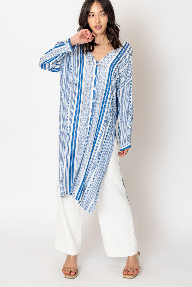 En Creme Striped Button Front Side Slit Tunic Top Women’s