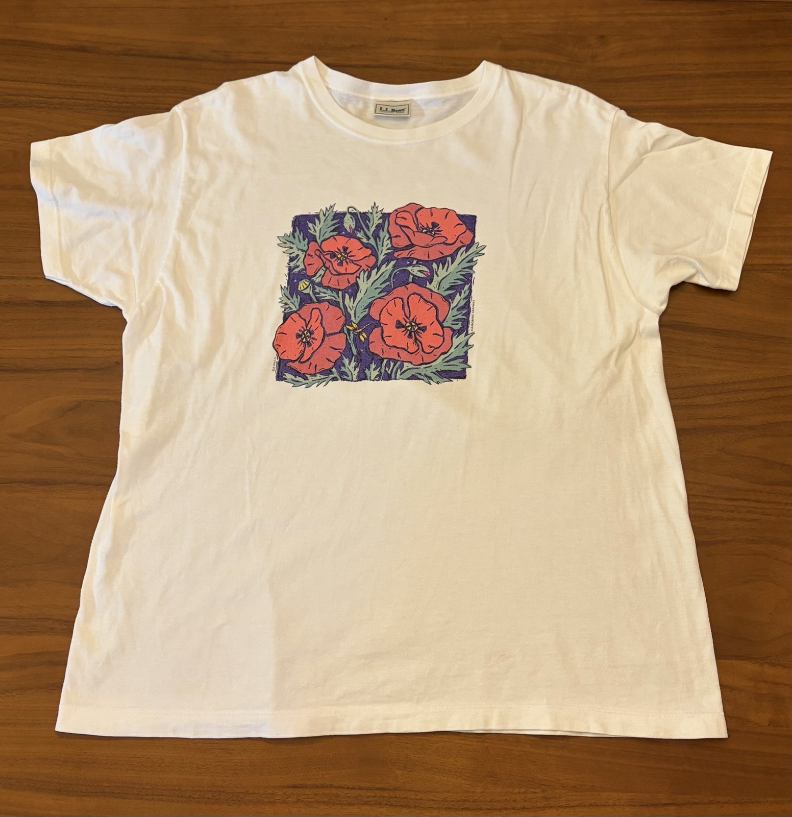 Vintage 90s L.L. Bean Garden Poppies T-Shirt Size L Artist Print USA Made Nature
