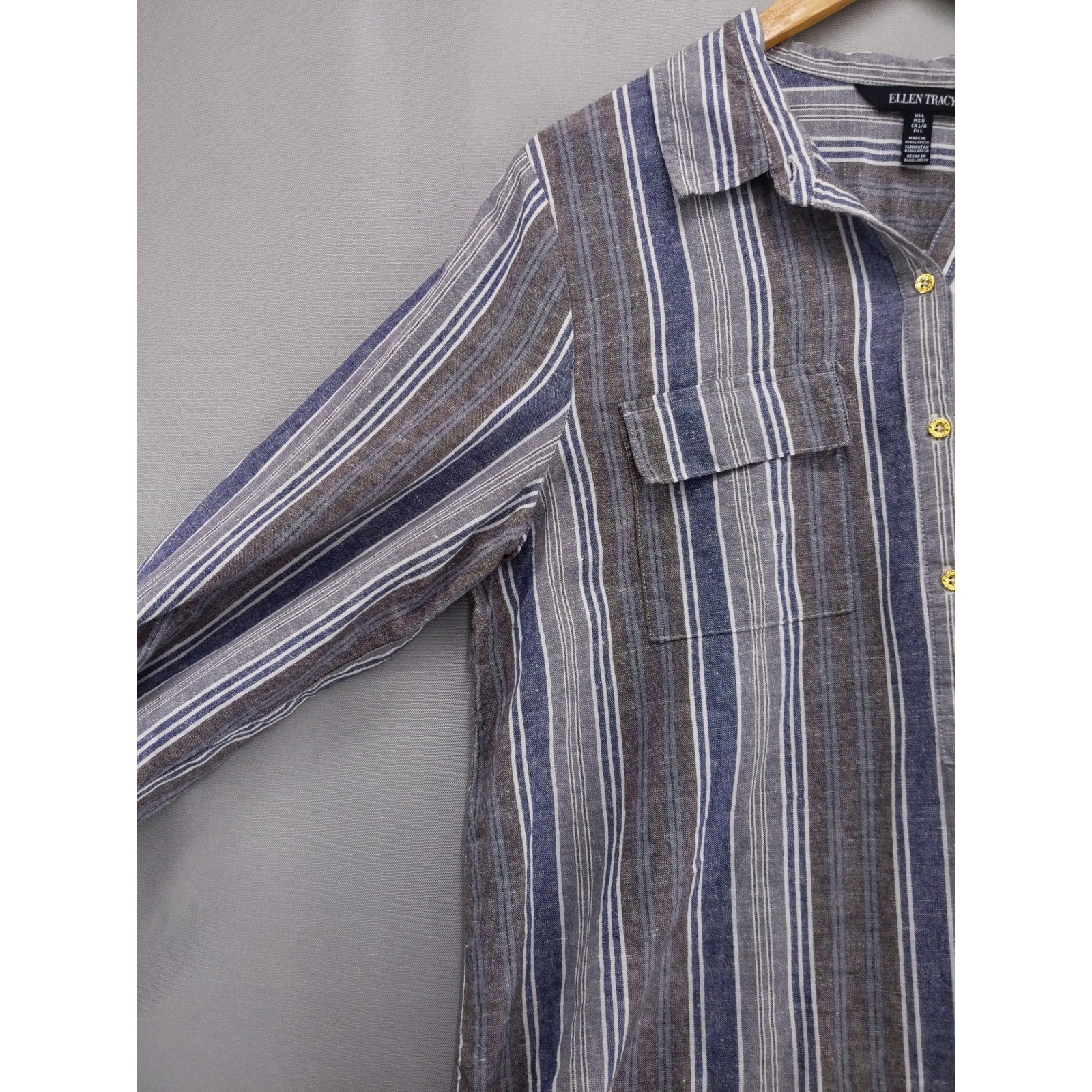 Ellen Tracy Button Up Shirt Linen Blend Sz L Blue Striped Roll Tab Sleeve