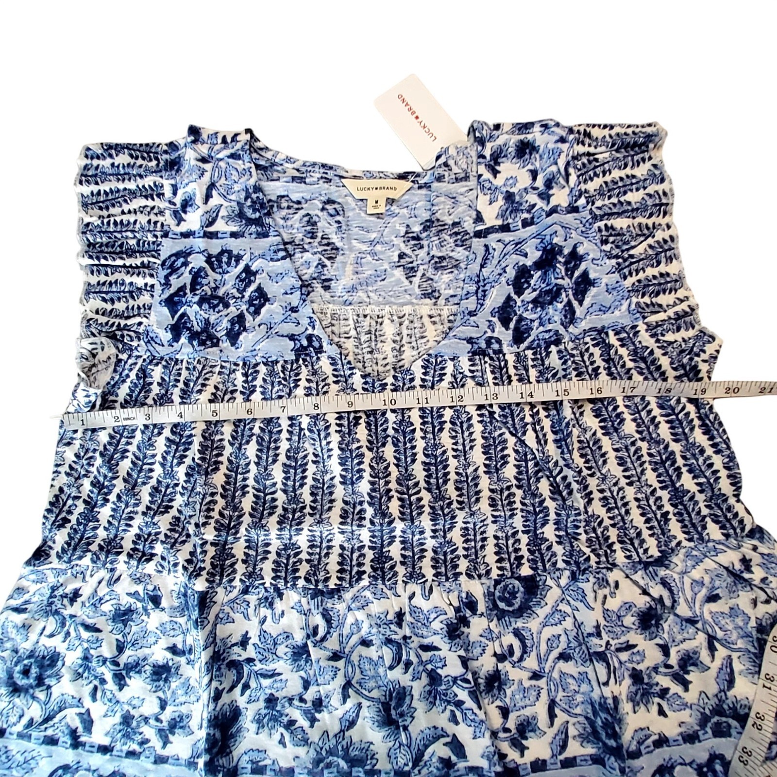 Lucky Brand Womens Blue & White Floral Cotton Top Size M breathable comfort