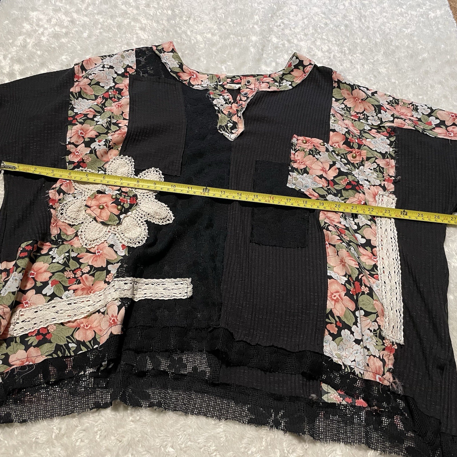 POL patchwork black floral boho hippie oversize top S crochet grunge studs lace