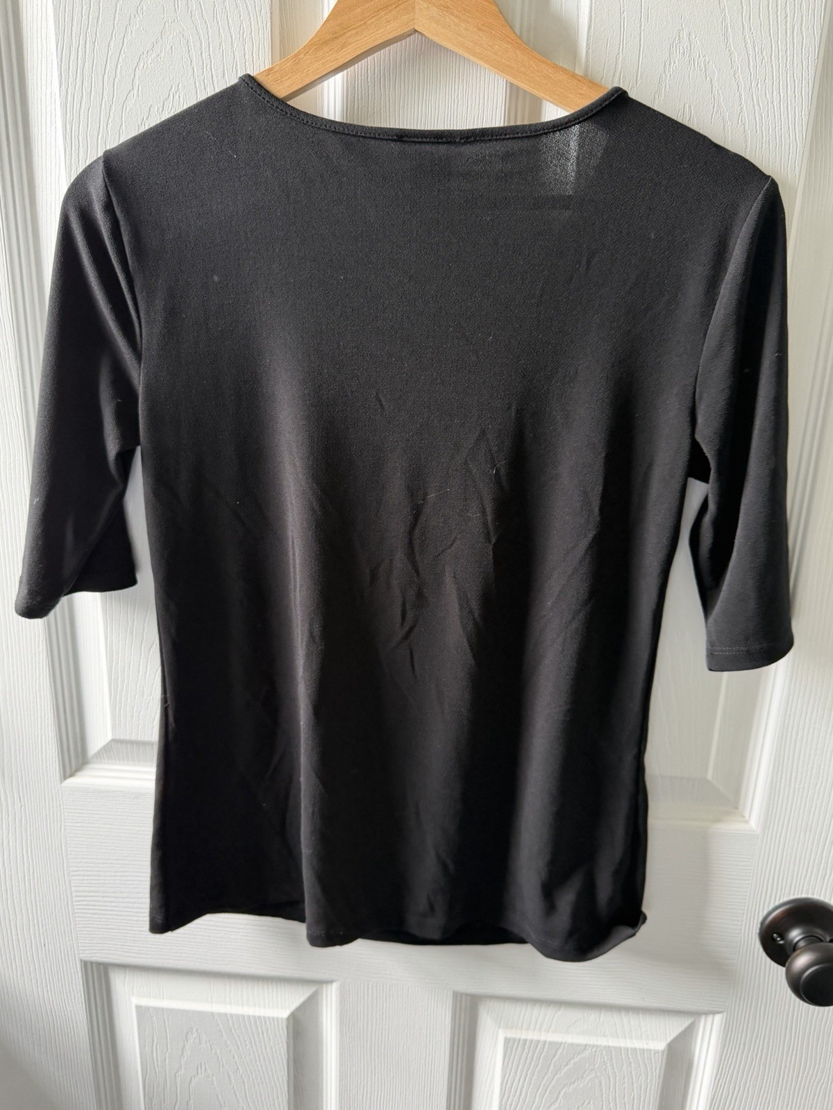 Ann Taylor Black Solid Scoop Neck Pleated Front Stretch Knit Pullover Top S