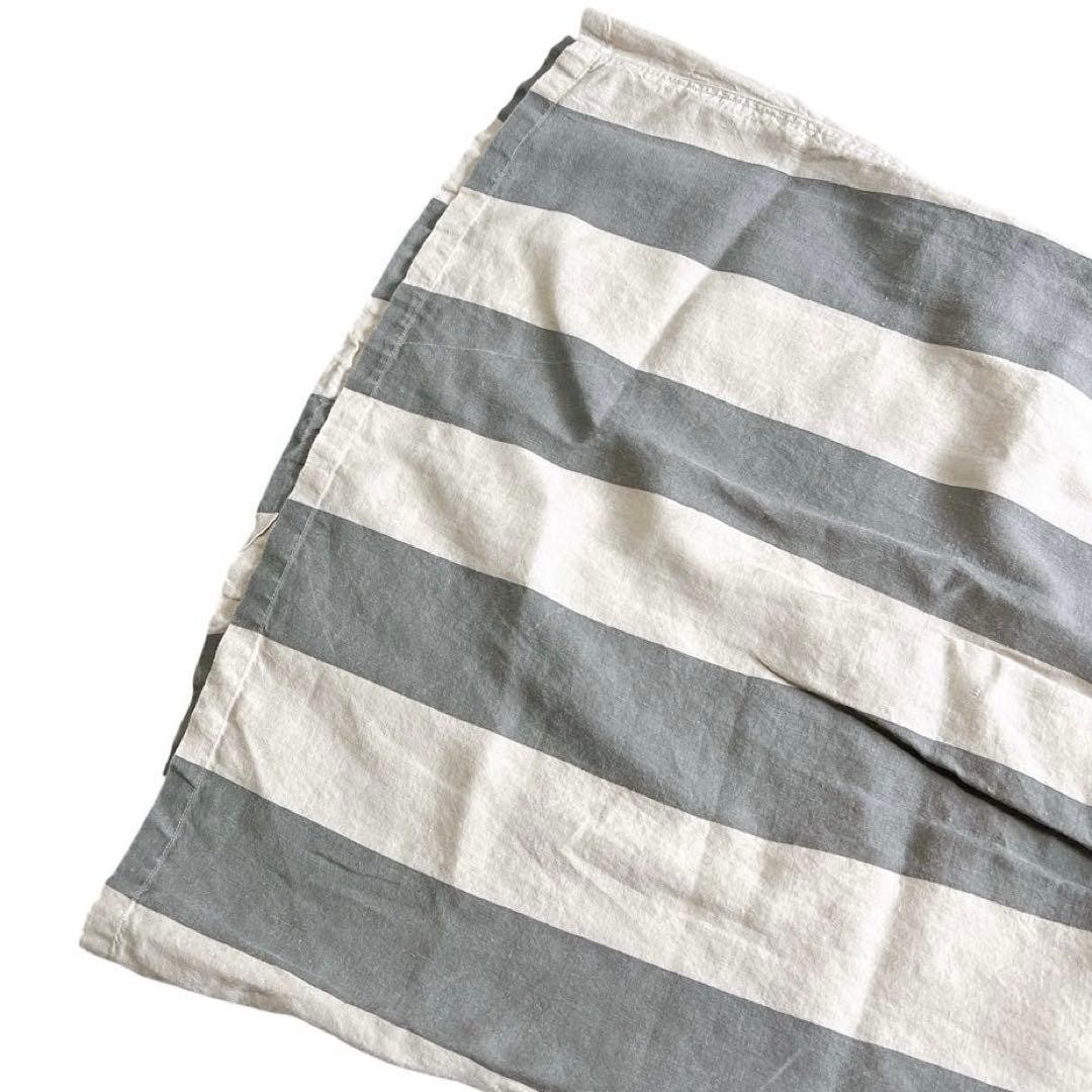 Ichi Antiquites Linen Knee-Length Skirt Beige Gray Stripe Elastic Waist