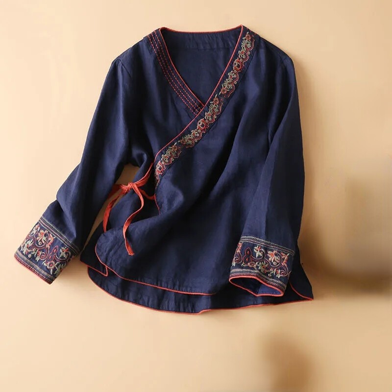 Lady Top Chinese Shirt Blouse Floral Hanfu Embroidery Floral Casual Ethnic Retro