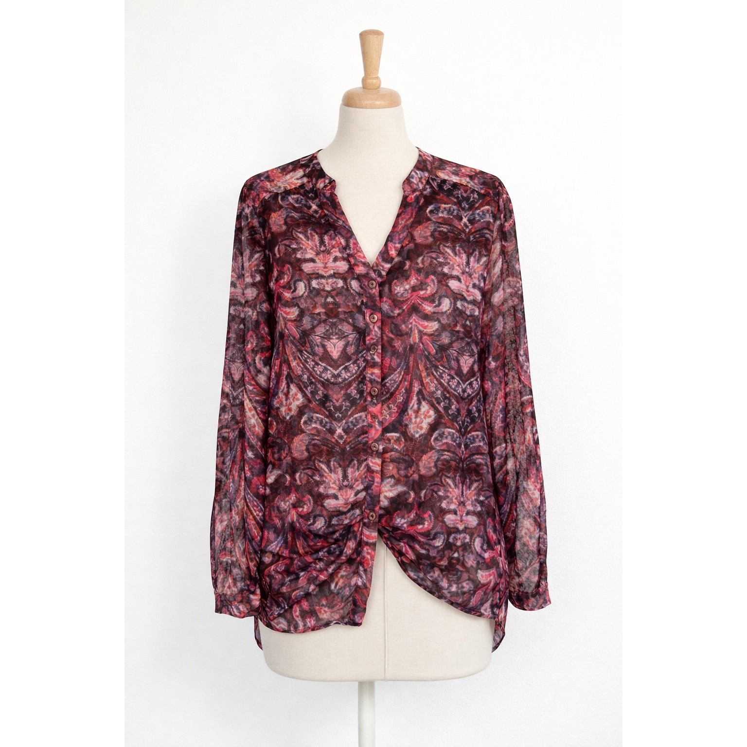 Soft Surroundings Blouse Women Large Burgundy Paisley Metallic Shimmer Sheer Top