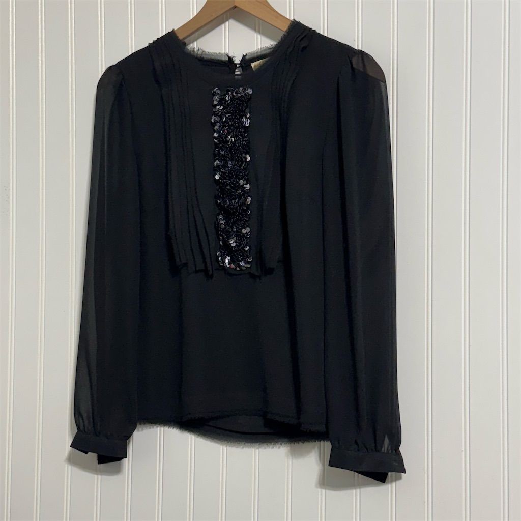 MMK Petite 6P Black Sequin Chiffon Blouse Sheer Pleated Office Siren Dark Glam