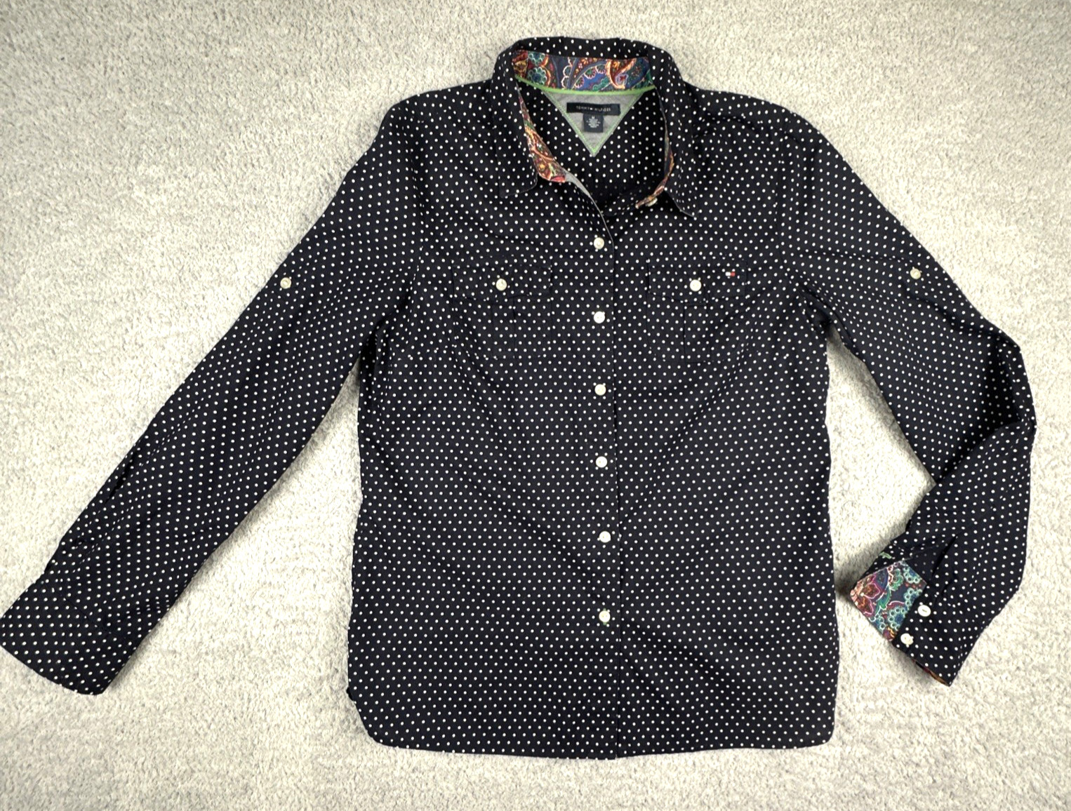 Tommy Hilfiger Women’s Polka Dot Shirt M Navy & White Top Long Sleeve Flip Cuff