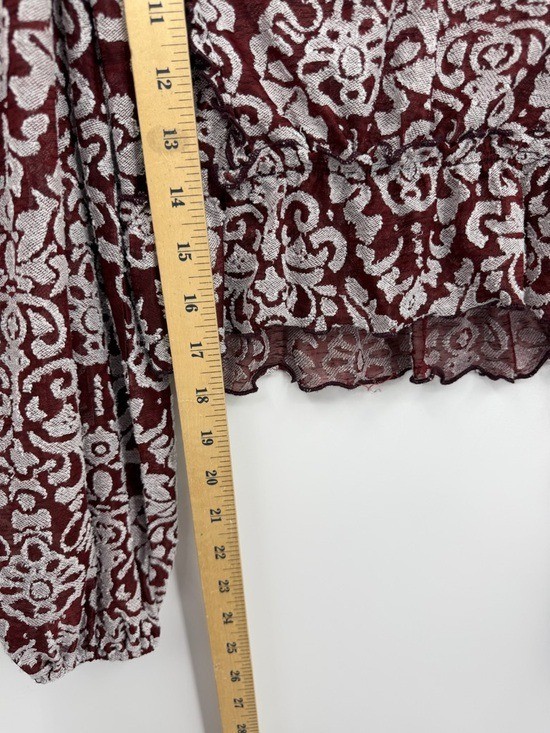 Anthropologie Burgundy Floral Pattern V-Neck Peplum Top long sleeves damask sz S