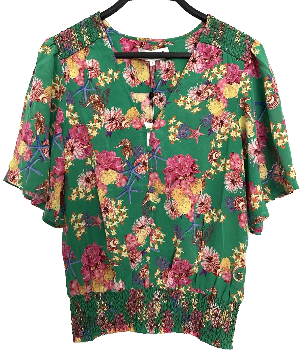 Hale Bob 100% Silk Green Floral Seahorse Smocked Short Sleeve Blouse Small NWT