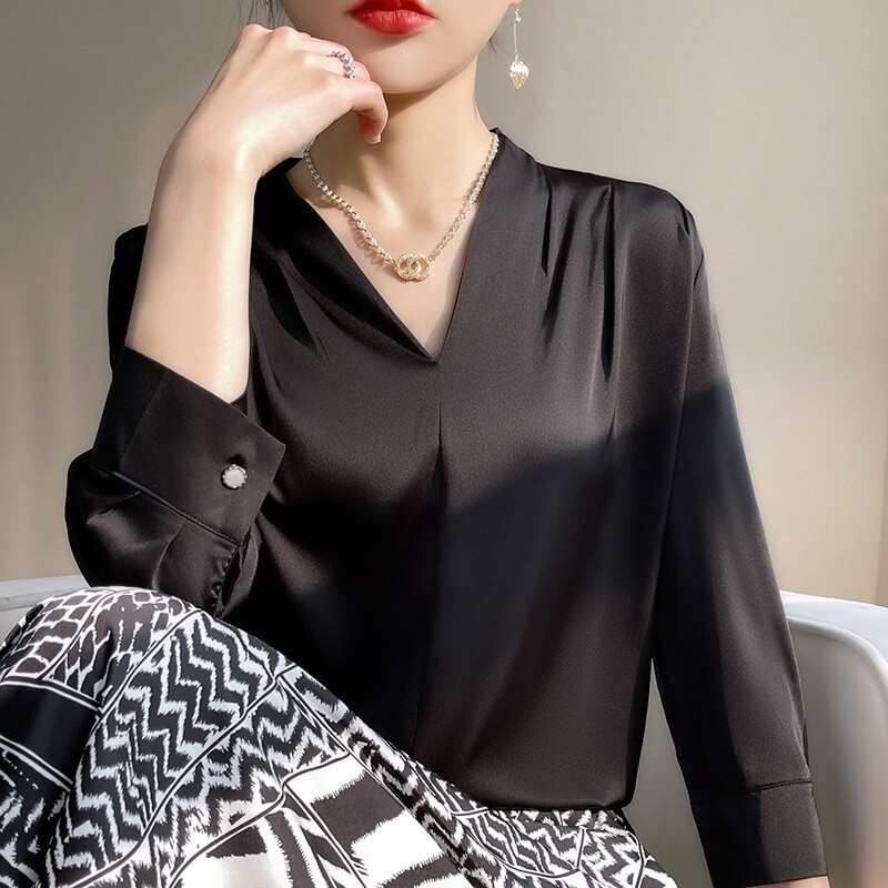 Women’s Elegant Silk Satin V-Neck Tops Shirt Long Sleeve Business Blouses Shirts