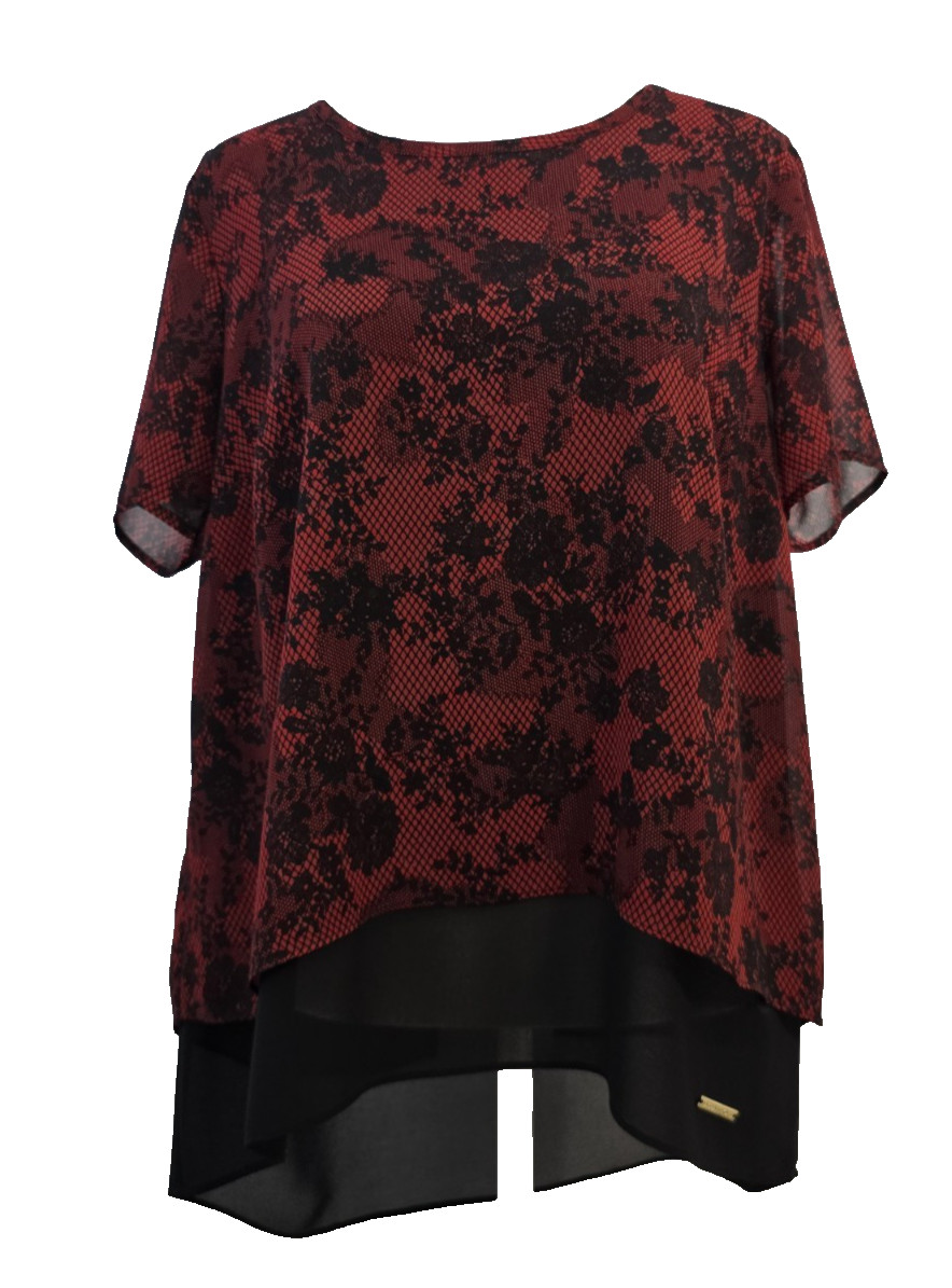Michael Kors Layered Chiffon Blouse Womens PL Red Black Floral Mesh Split Back