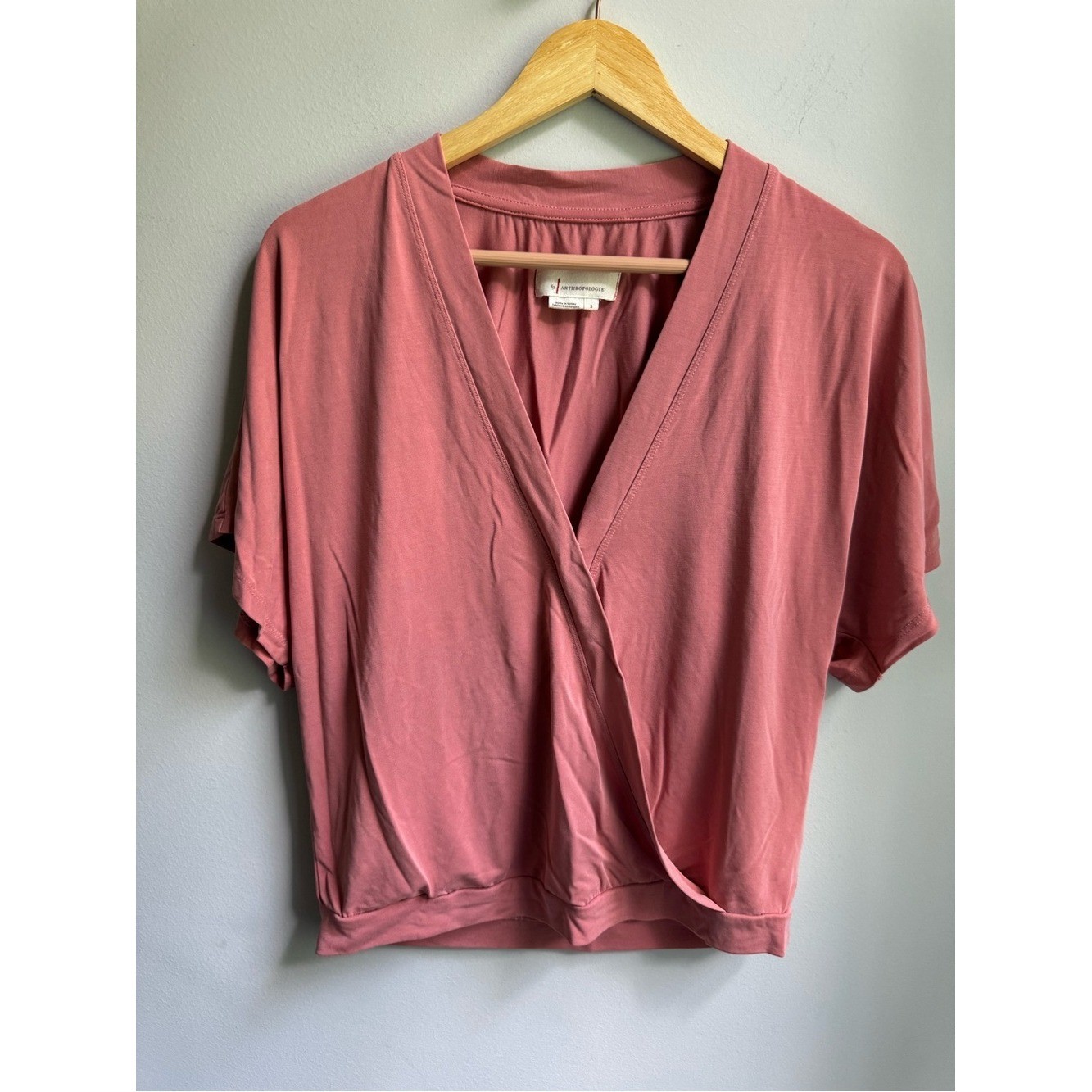 Anthropologie Dusty Rose Wrap-Style Short Sleeve Top Flowy Chic Sophisticate
