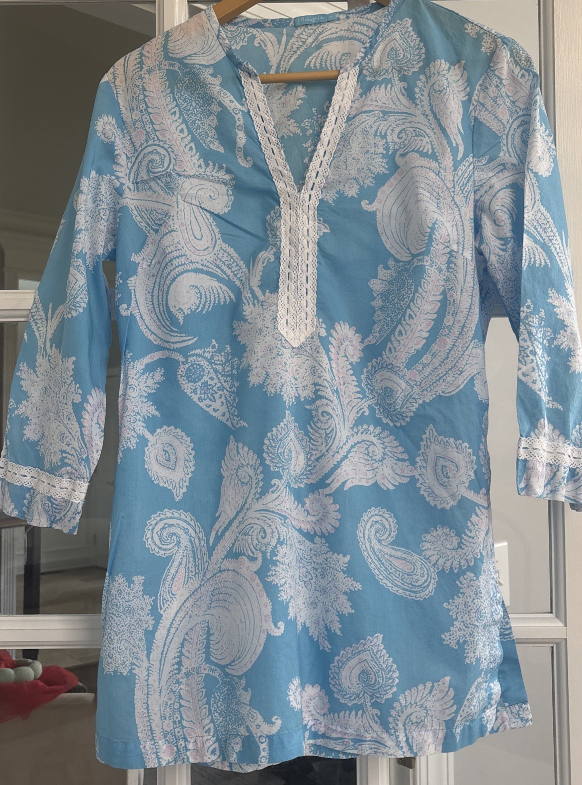 J McLAUGHLIN Sky Blue Pink White Paisley Print Cotton Voile Lace Trim Tunic sz M
