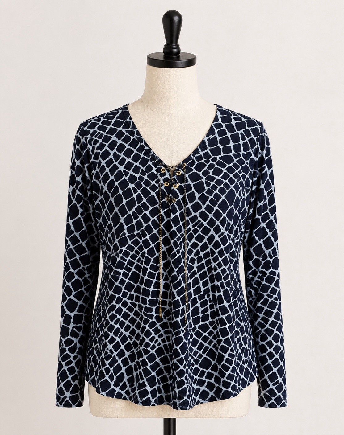 Michael Kors Women’s 2X Navy Blue Geometric Print Lace-Up Long Sleeve Top