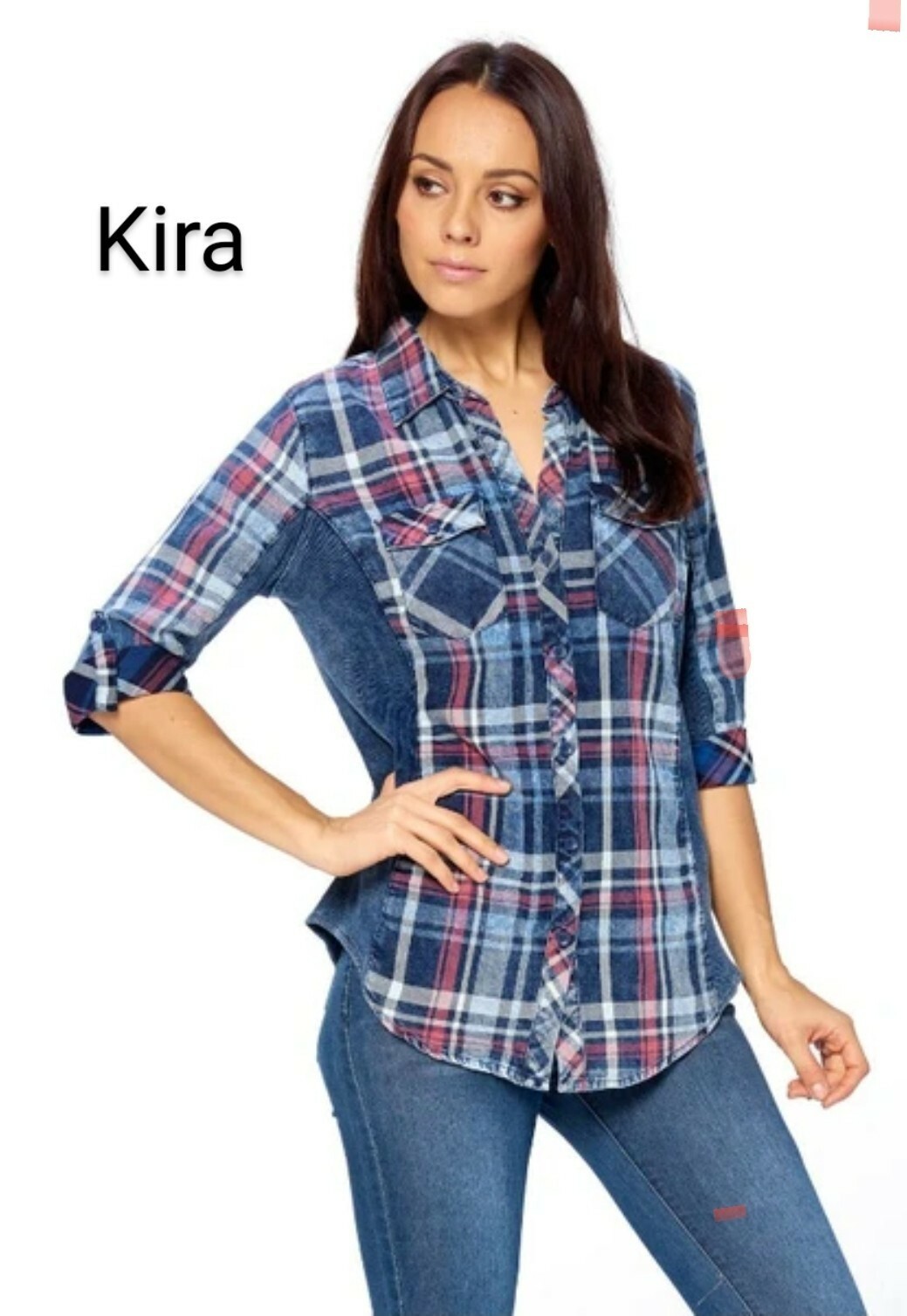 Women shirt top Denim Cotton button down Plaid checkers Ci Sono PTP39 NEW