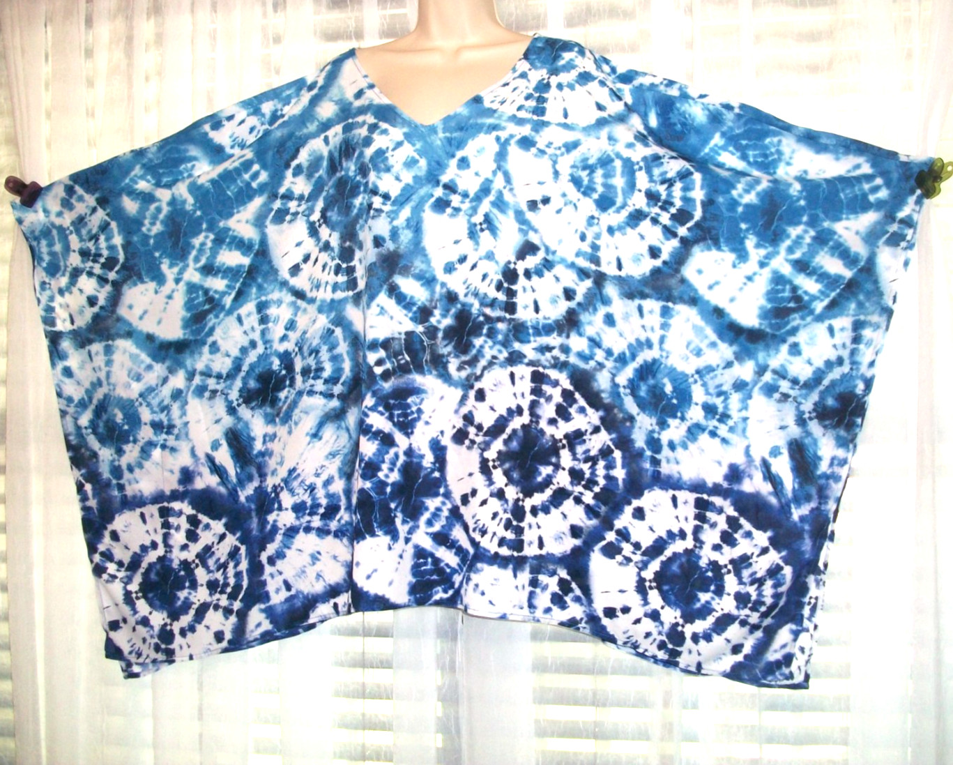 BELLE~KIM GRAVEL~PLUS 4X BLUE WHITE TIE-EYE KIMONO STYLE RELAXED BOHO TOP BLOUSE