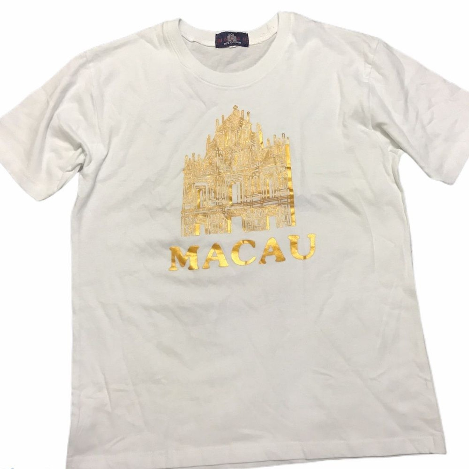 Macau Vintage T Shirt Tee White/Gold Crew Neck Short Sleeve Travel Minimalist L