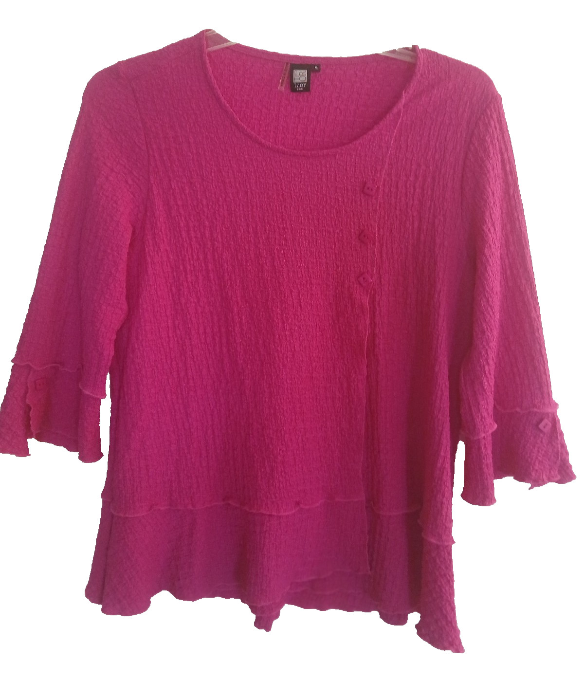 Lior Paris Fushia Stretchy Waffle Knit Layered Top Bell Sleeves Dressy Medium