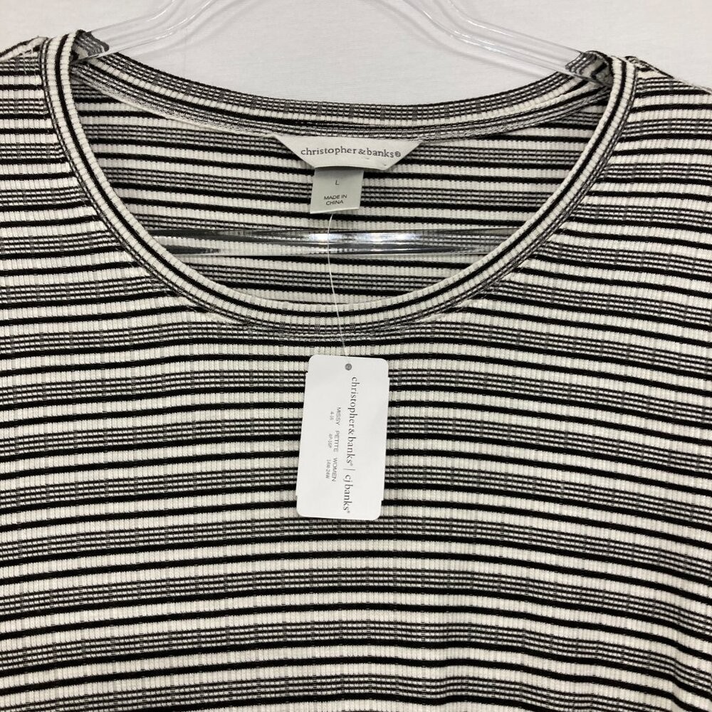 New Christopher & Banks Large Gray White Stripes Rib Knit Twist Detail Blouse