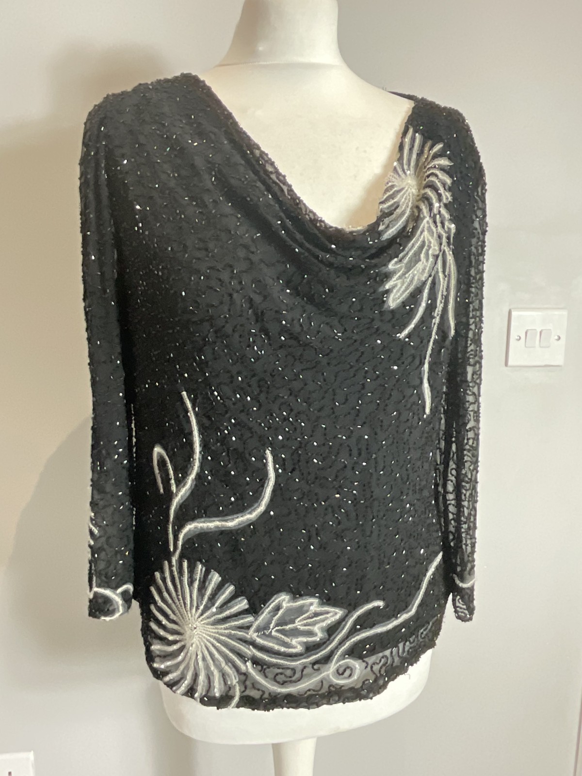 VTG Jacques Vert blouse black silk bead sequin embellished cowl neck 14