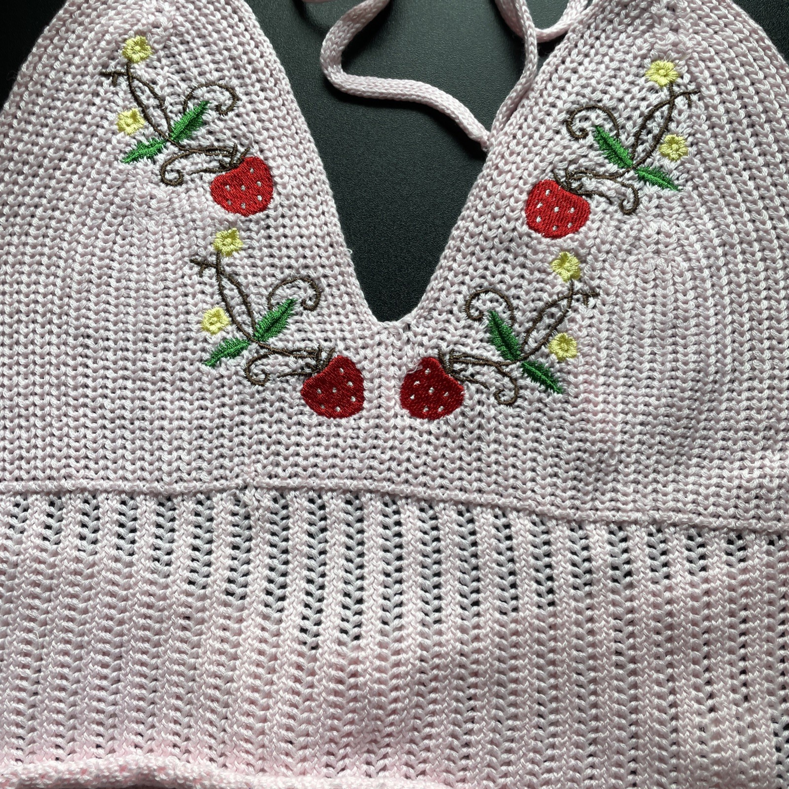Shein Curve Size OXL Women’s Pink Knit Top with Strawberry Embroidered Accents