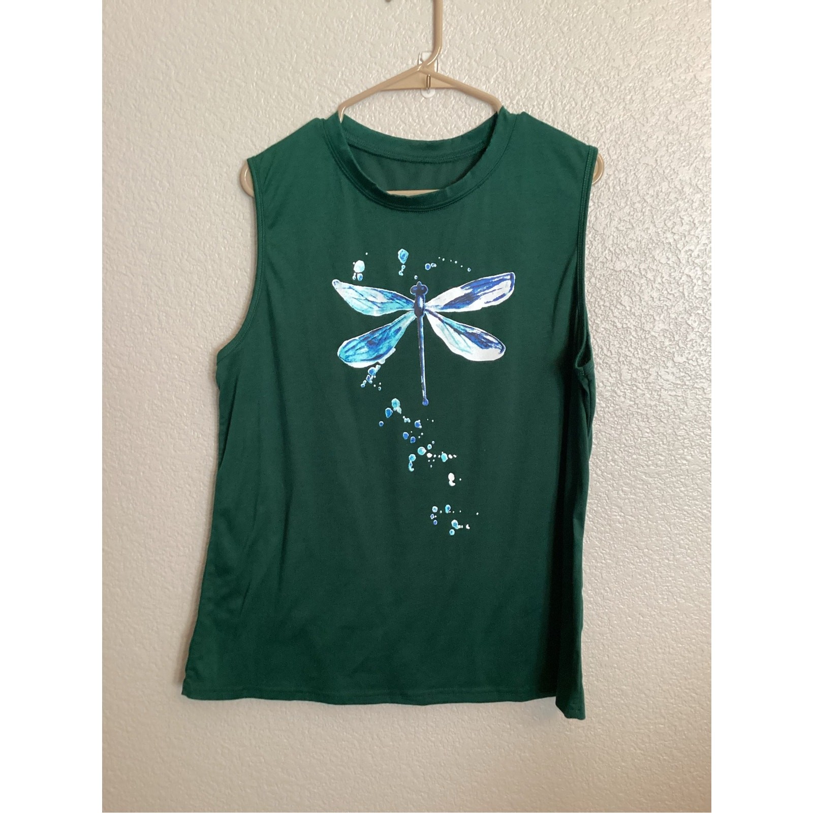 Women’s Sleeveless Graphic Tank Watercolor Style Blue Dragonfly Dark Green M