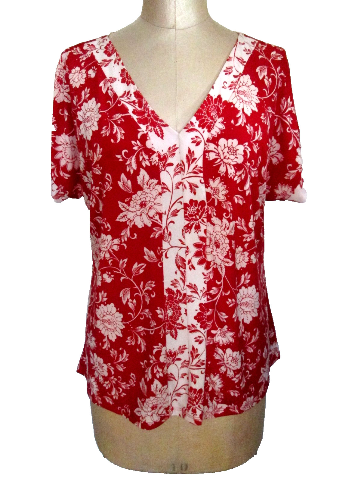DIANA BELLE RED/WHITE FLORAL PRINT S/S V-NK TOP SZ XL NWOT! CAREER/CAS EASY CARE