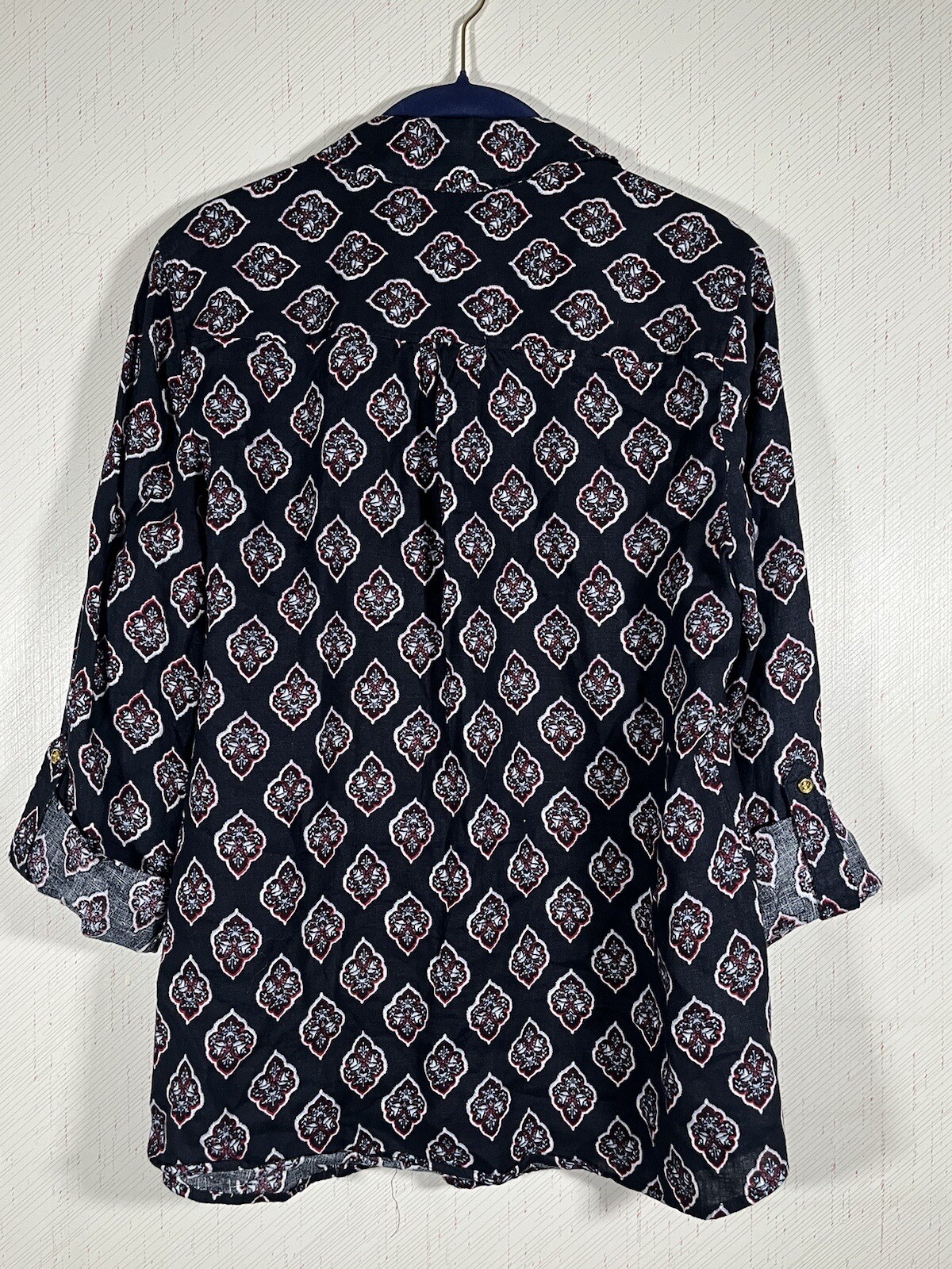 Charter Club Luxury Linen Blouse All Over Print Blue & Red Front Button Shirt M