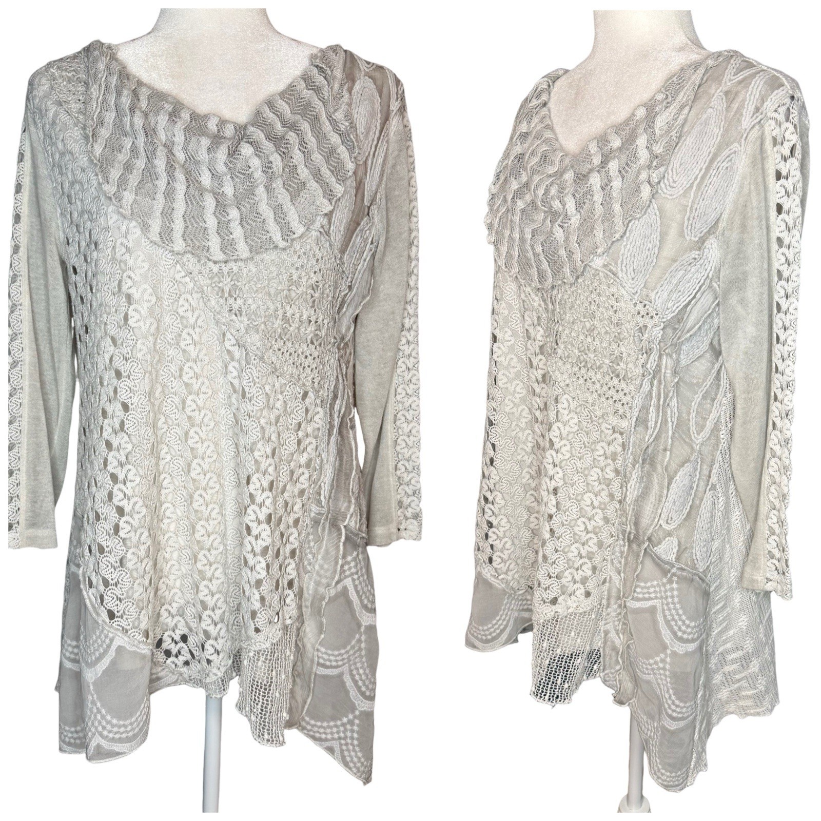 Ali Miles Crochet Lace Tunic Top M Cowl Neck Asymmetrical Artsy Boho Whimsigoth