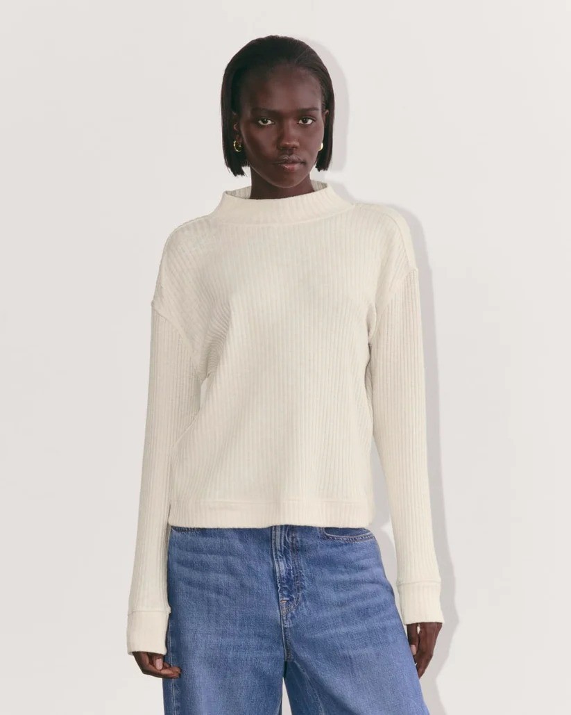 Everlane Size M The Cozy Rib Funnel-Neck Long Sleeve Top Oatmeal Organic Cotton