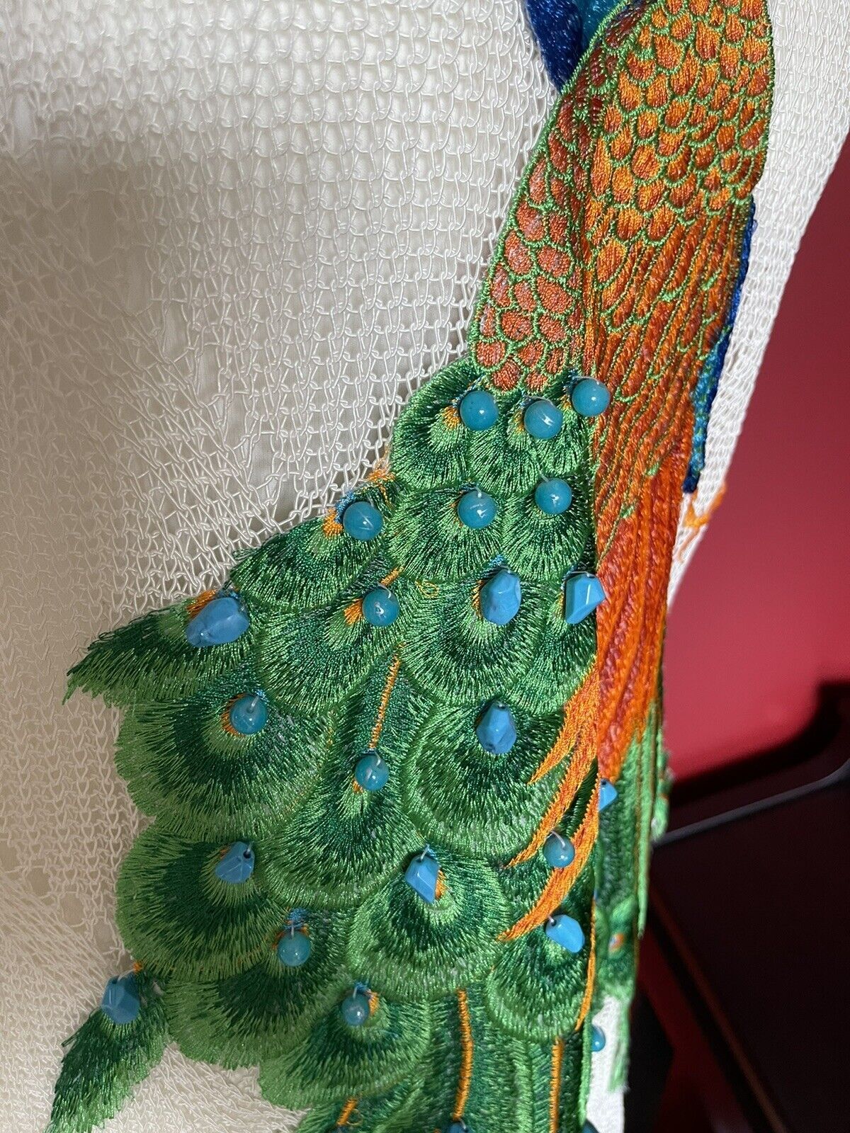 DooYue Peacock Appliqué Beaded sequin lace colourful sheer croshet tunic top M