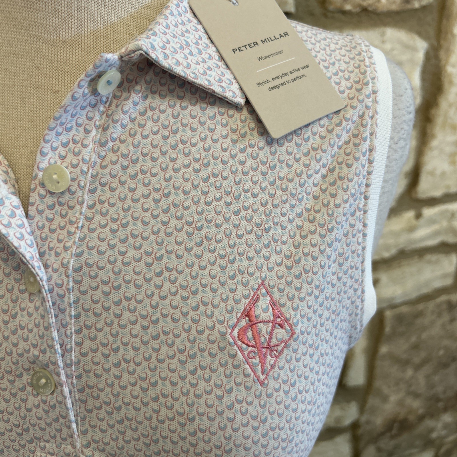 Peter Millar Women’s Sz M Polo Sleeveless Shirt Logo White Pattern Golf NWT $90