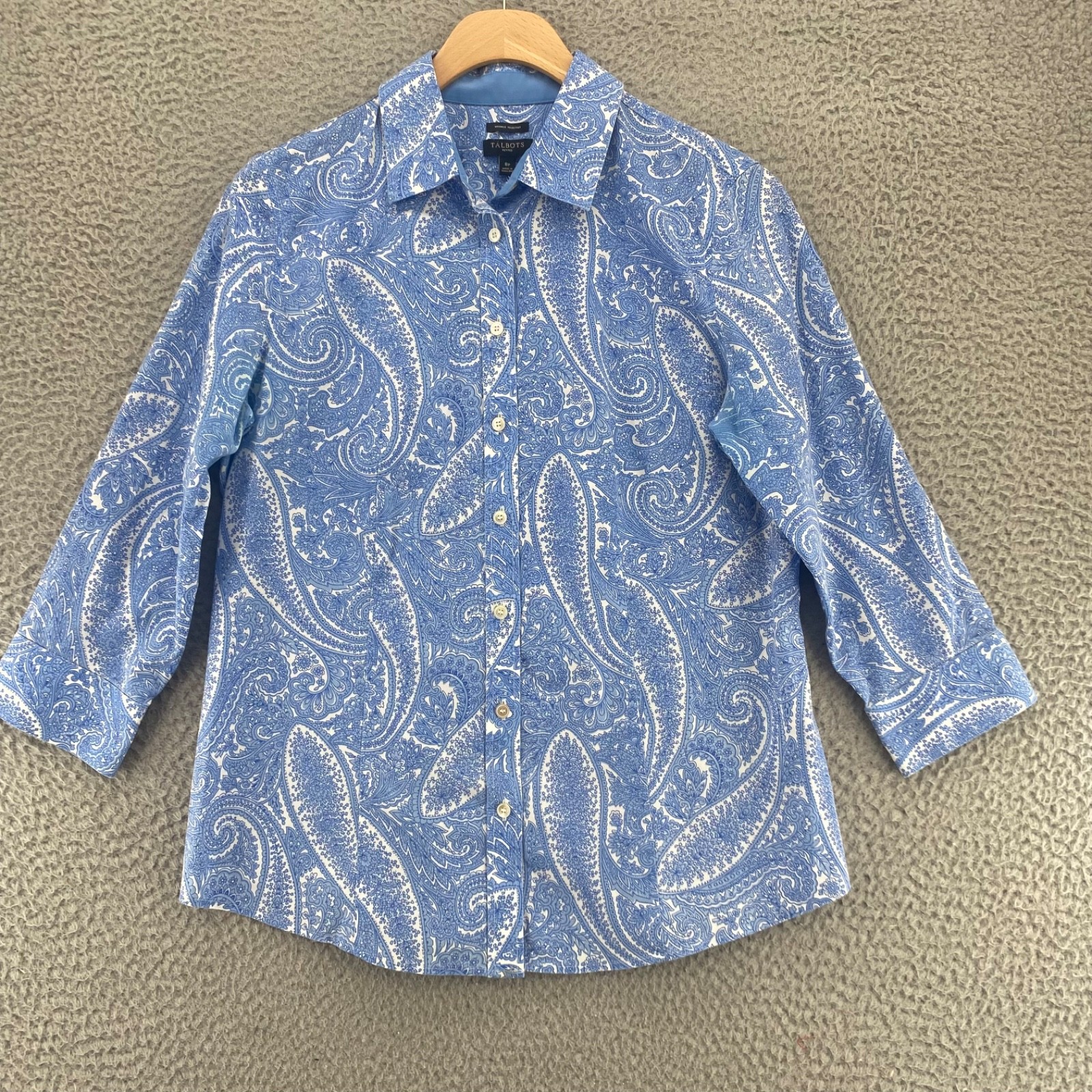 Talbots Shirt Womens 8 Petite Blue Paisley Wrinkle Resistant Cotton 3/4 Sleeves