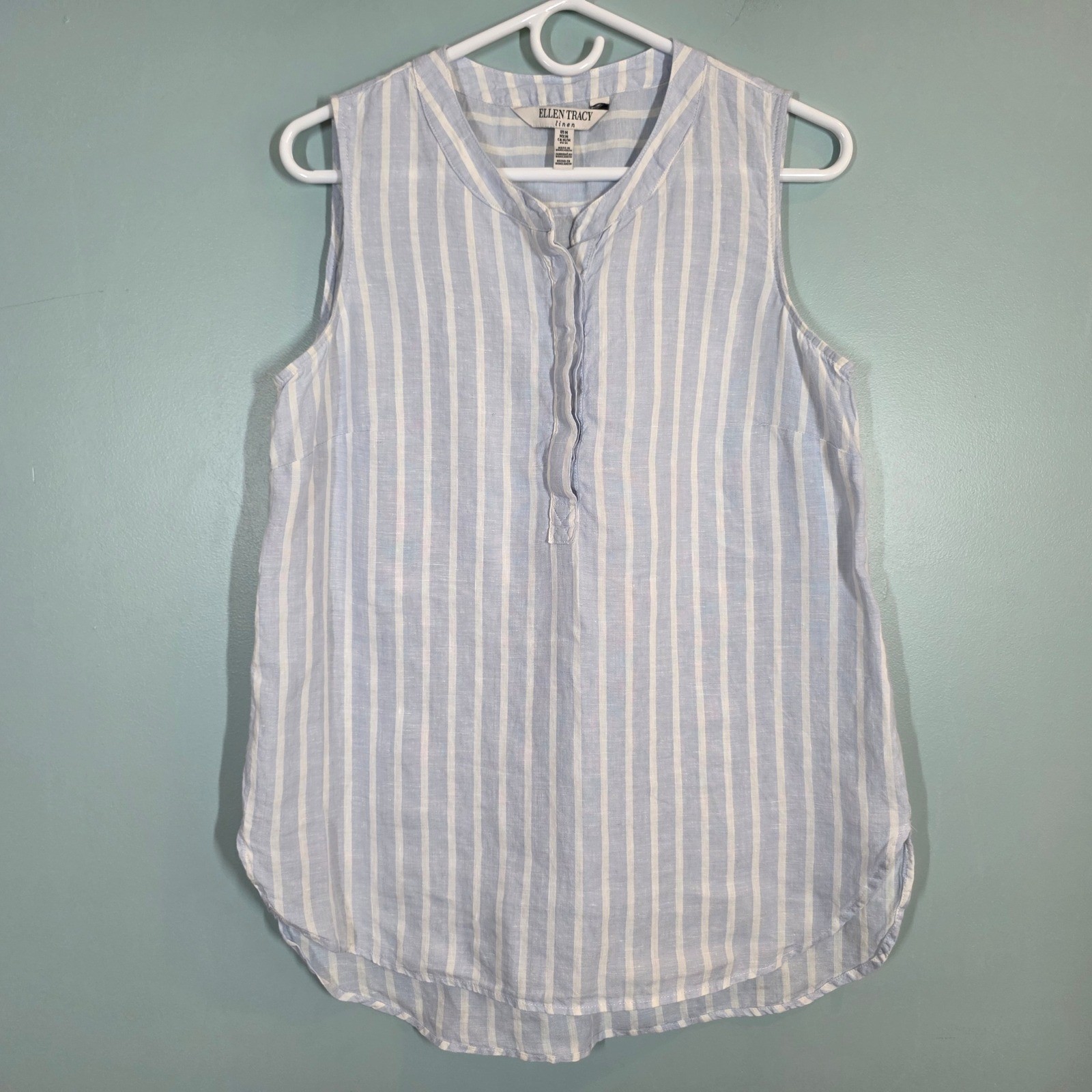 Ellen Tracy Linen Sleeveless Stripe Top Blue White ETMS9WT363 Womens Medium