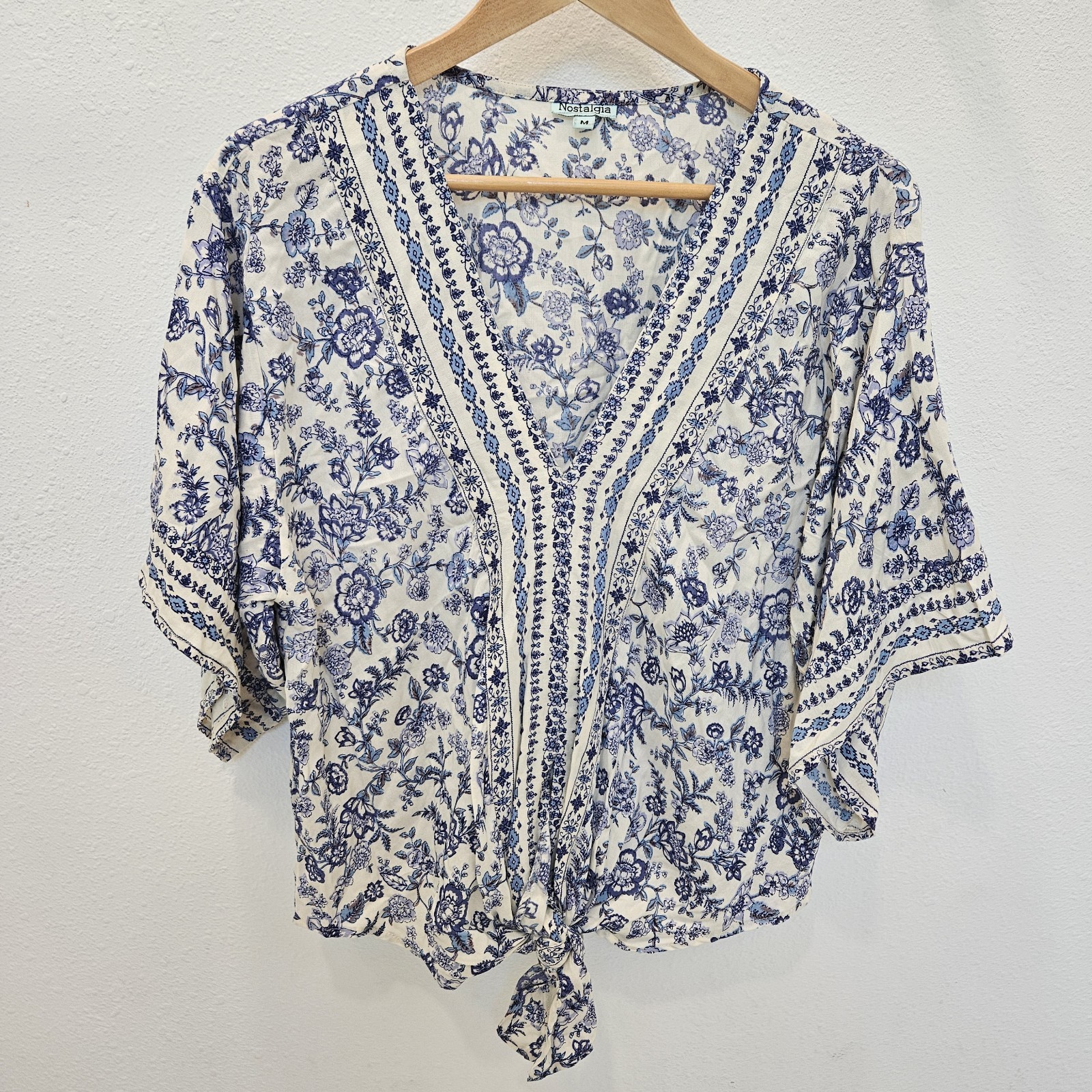 Kimono Shirt Womens Medium Blue Tie Front Floral Tunic Fairy Boho Festival