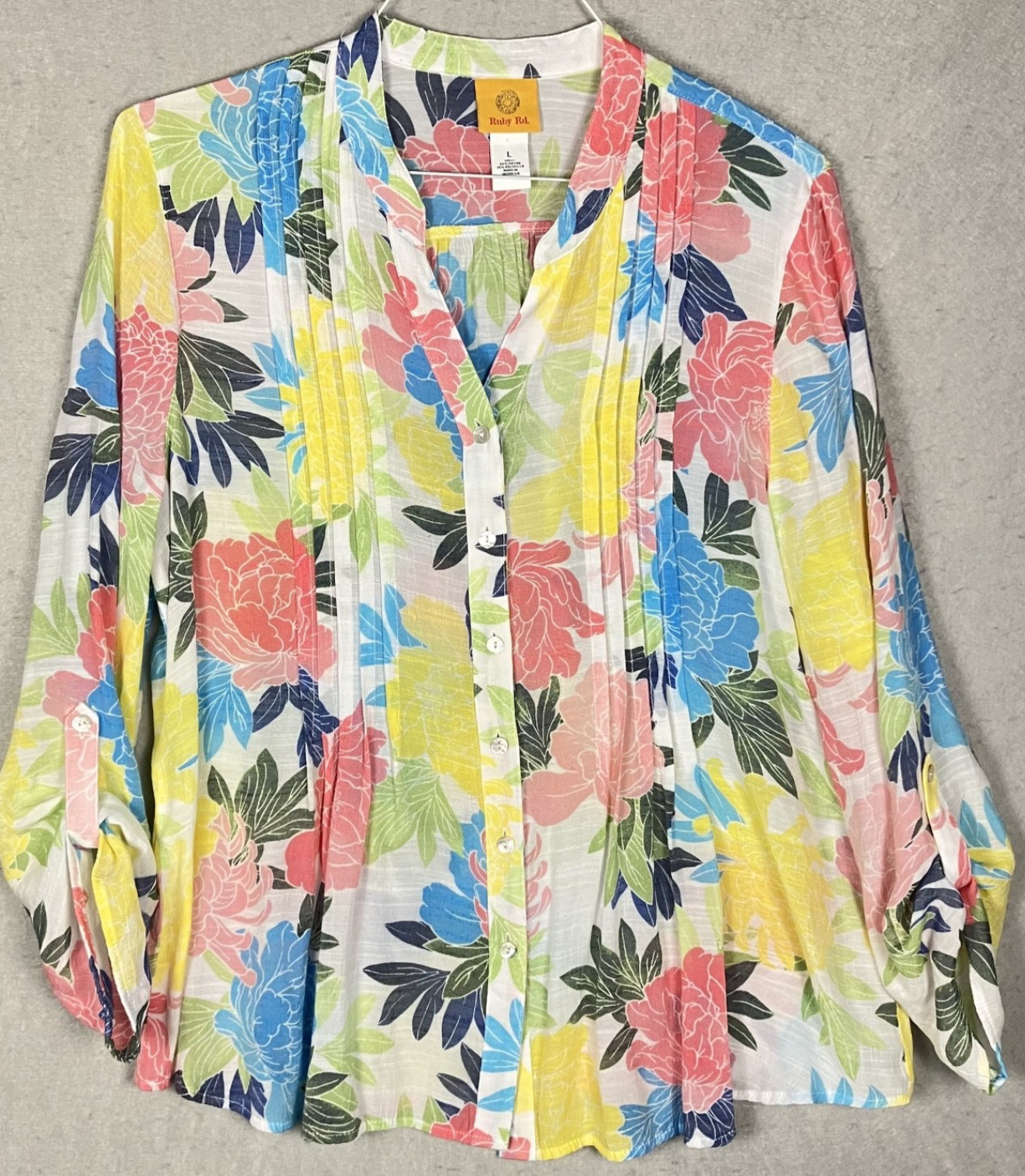 Ruby Rd. Women’s Large Floral Roll Tab Sleeve Pleated Blouse Multi Color #4180