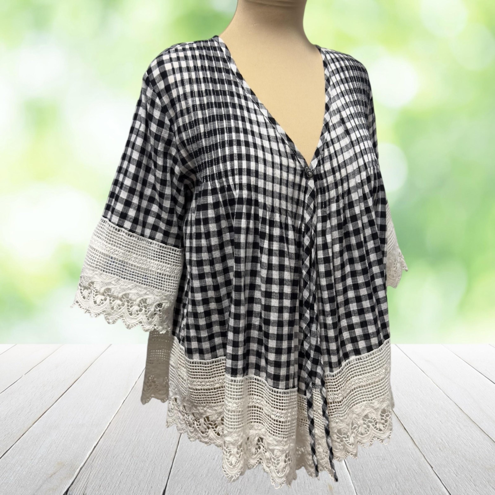 V CRISTINA Gingham Kimono Jacket Black White Crochet Trim Boho Womens M Cottage