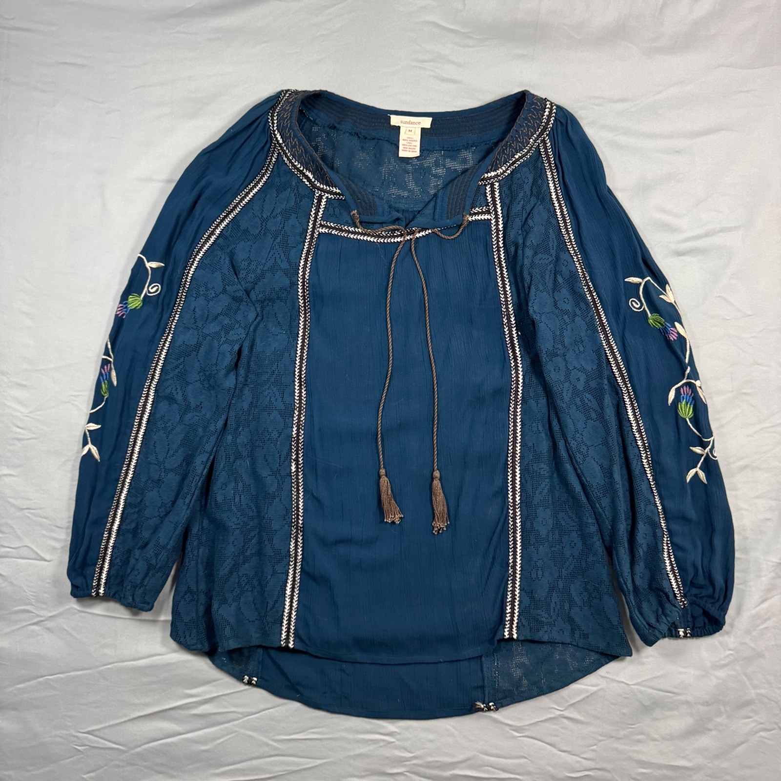Sundance Womens M Teal Blue Embroidered Lace Peasant Blouse Tassels Ren Faire