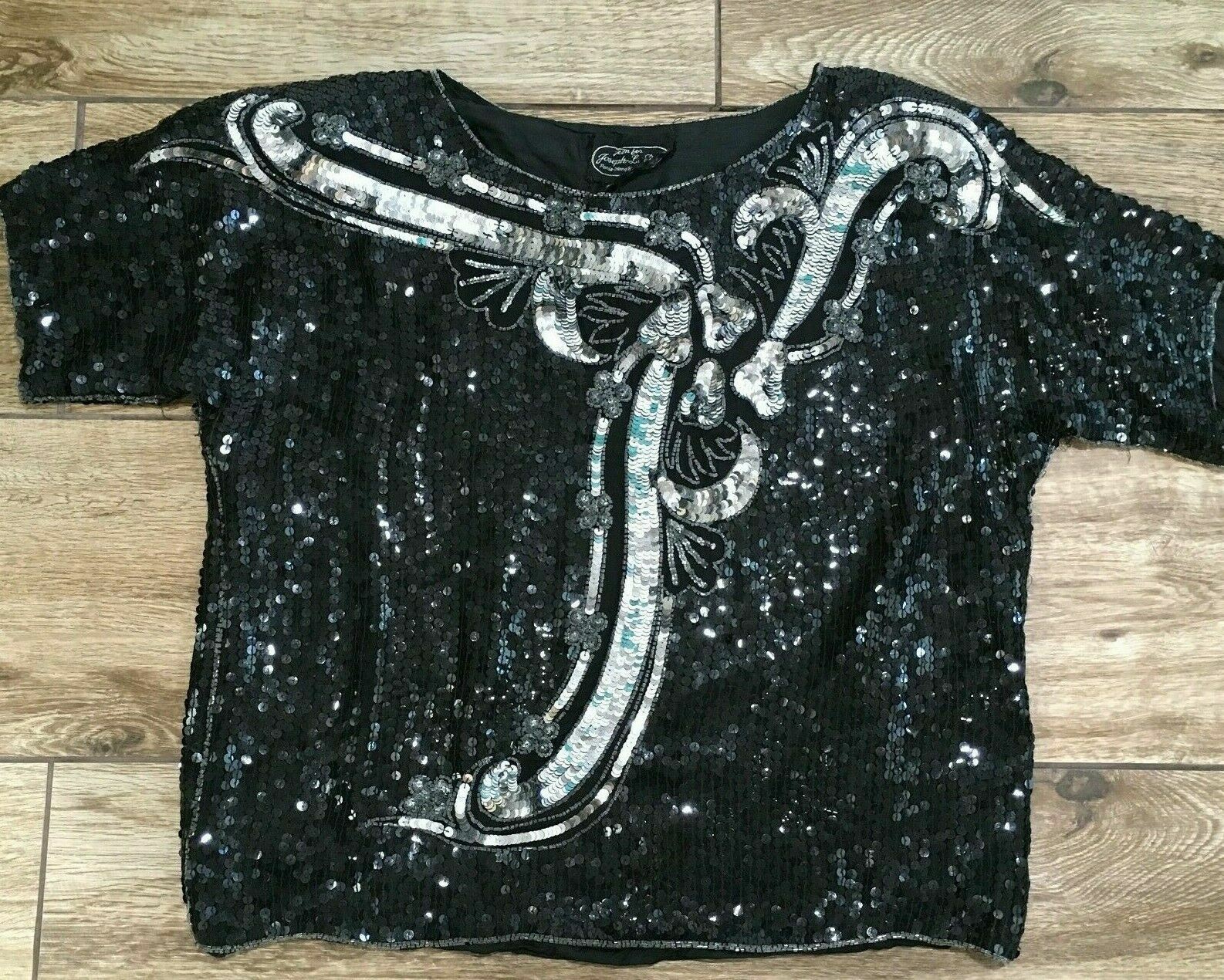 Vintage JEAN for JOSEPH LE BON Silk Black Sequined Floral Top Large Glam