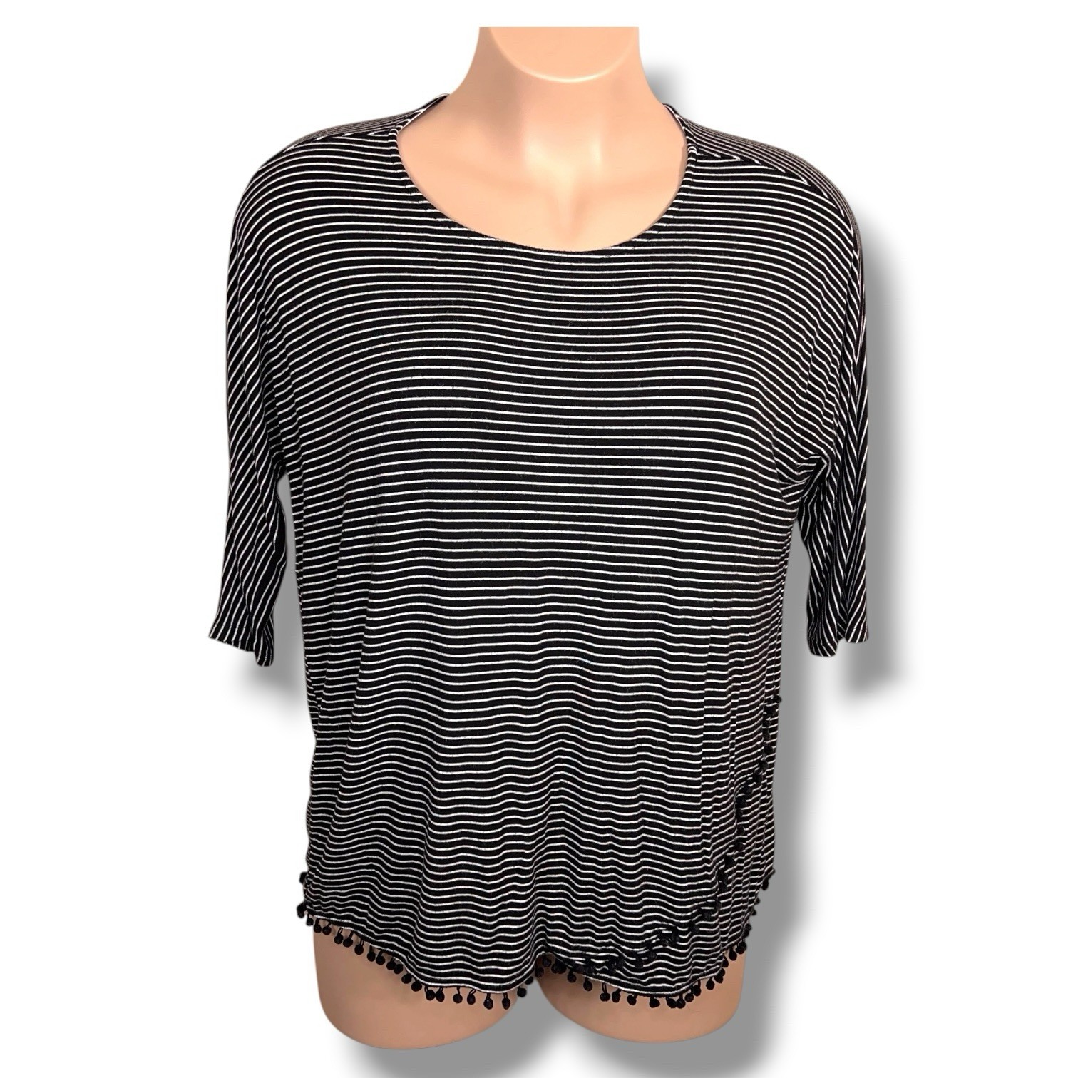 1x Isela Black White Striped Top Pom Pom Accent Goth Preppy Stretch Casual