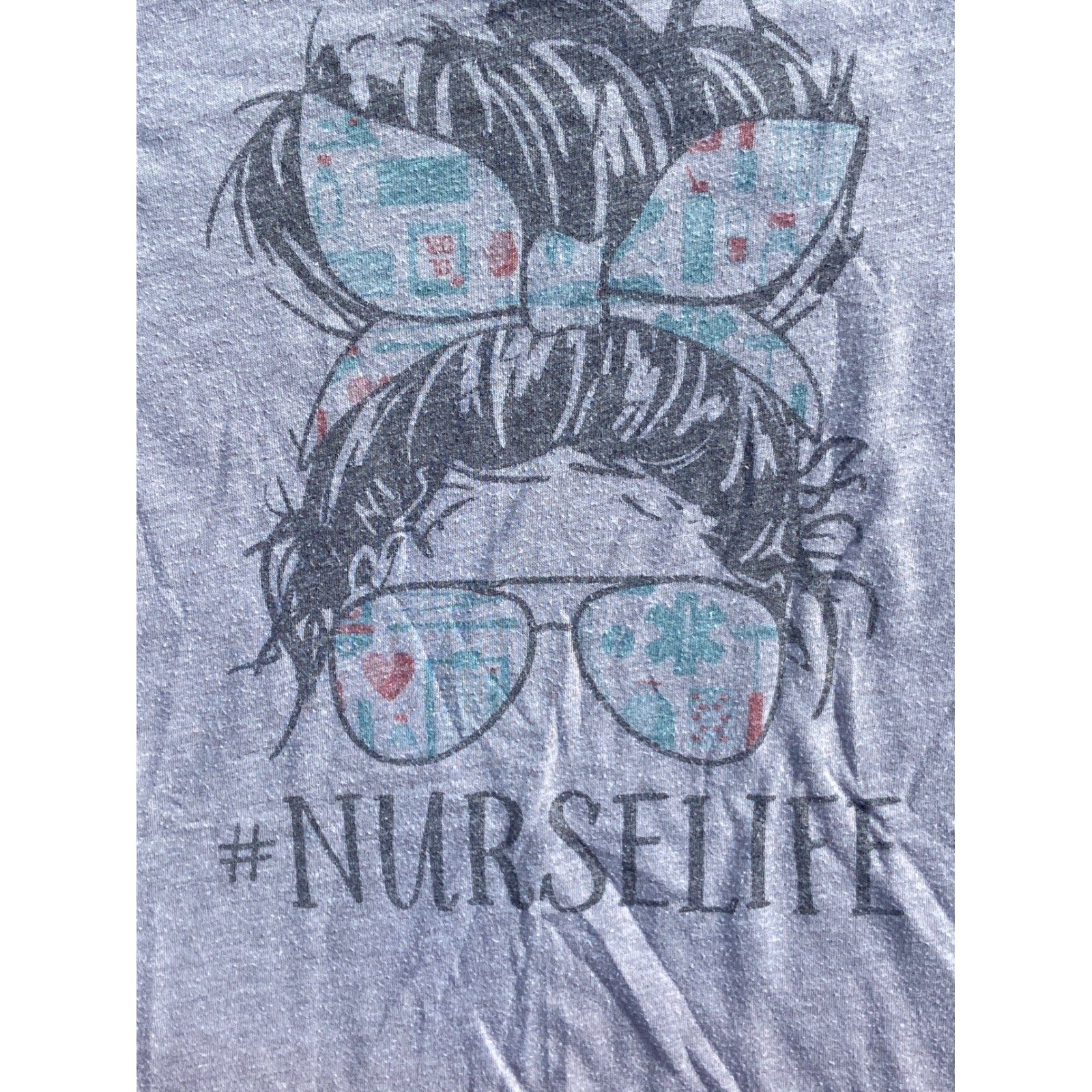 Bella Canvas Nurse Life Messy Bun Graphic T-Shirt Heather Grey Women Medium