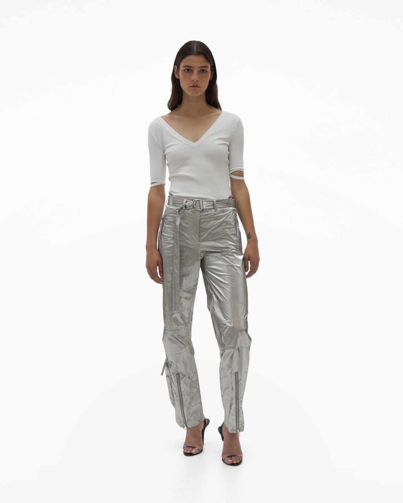 Helmut Lang 289312 Women’s V-NECK RIBBED TEE White Size Large