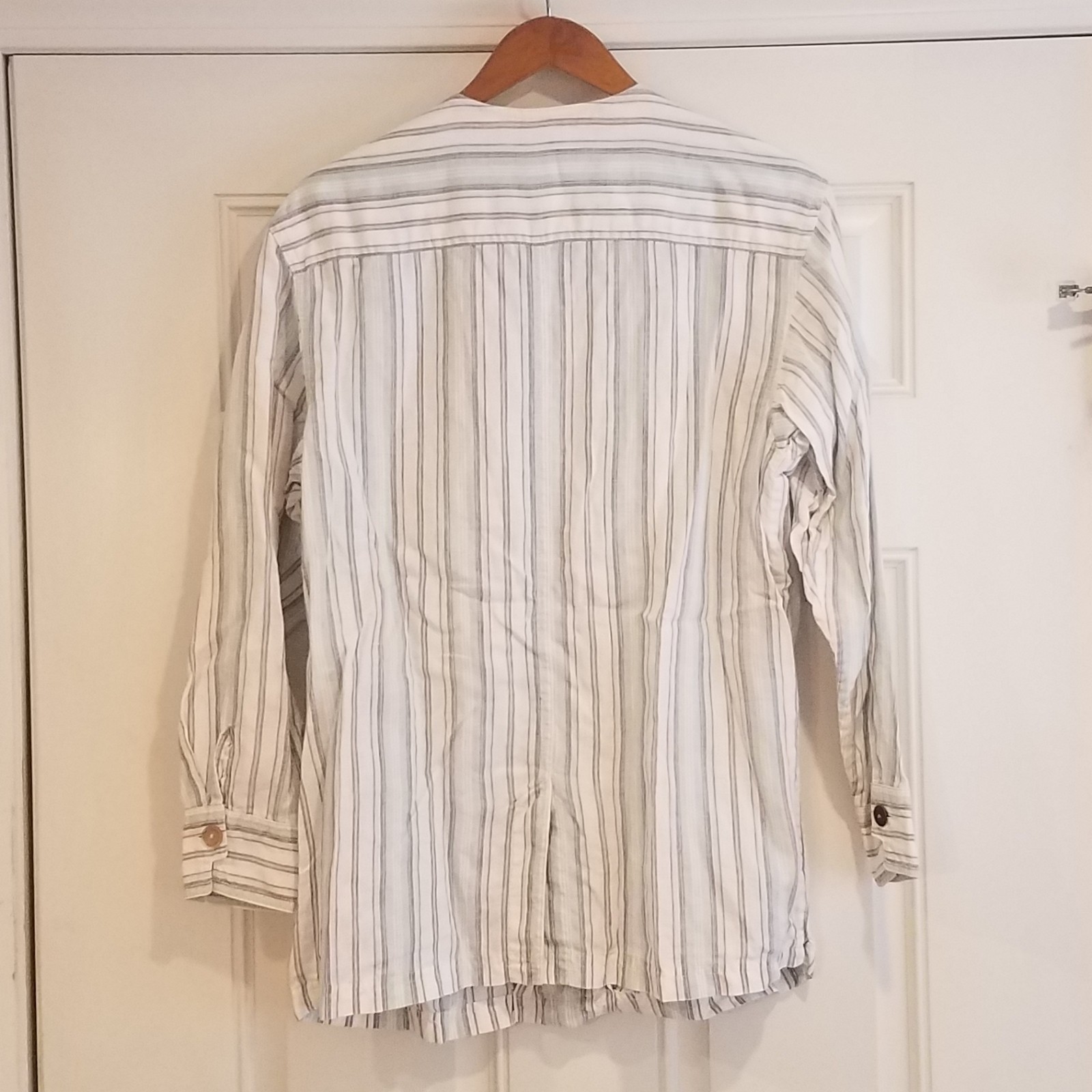 Linen Striped Shirt Button Up Long Sleeve Collarless Womens Medium Vtg S-23