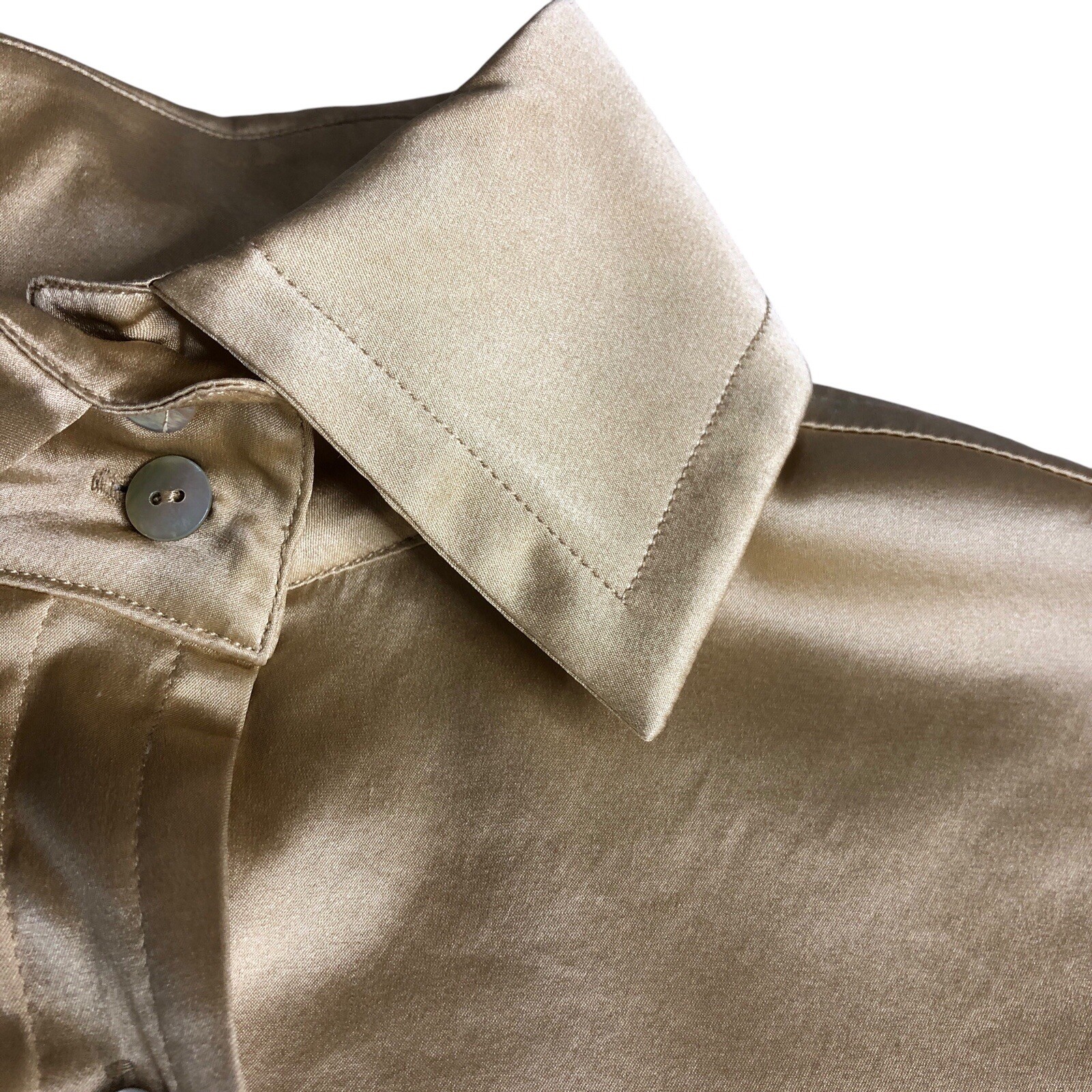 Farinaz Taghavi Silk Blouse Women 6 Gold Button Up Stretch Flip Cuff Career Chic