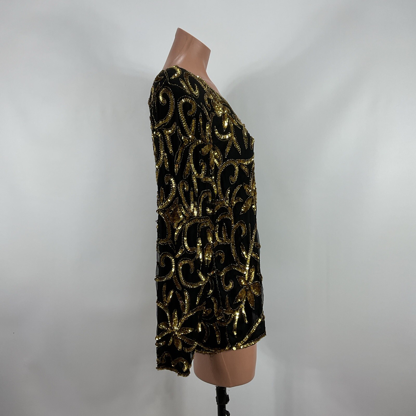 Vtg Womens Sequin Silk Top Black Gold Jean Joseph Le Bon Long Sleeve Sz M