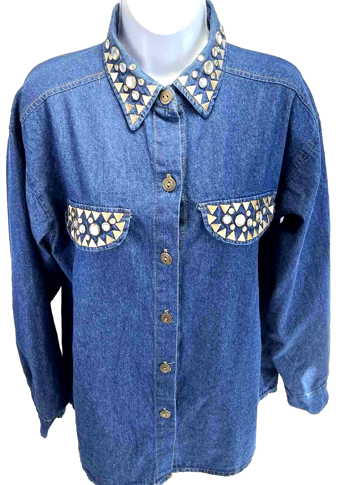 Miss & Mrs M Denim Shirt Rhinestones Studs on collar cuff 90’s rodeo Western VTG
