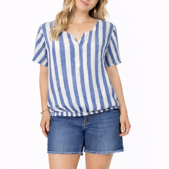 French Laundry XL Blue White Stripe Smocked Top Pearl Button Nautical Beach